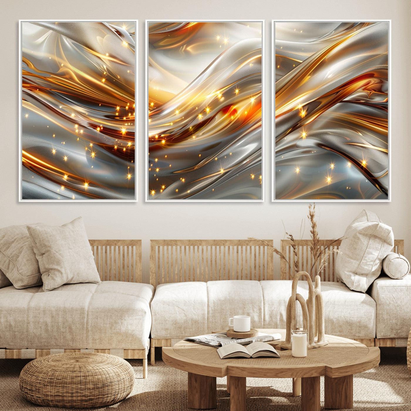 Lines1-MGV-FC-60X30-3P_White-Abstract Metallic Wall Art – Silver and Gold Wave Canvas Print with Sparkling Accents, Modern Luxury Decor for Living Room, Office
