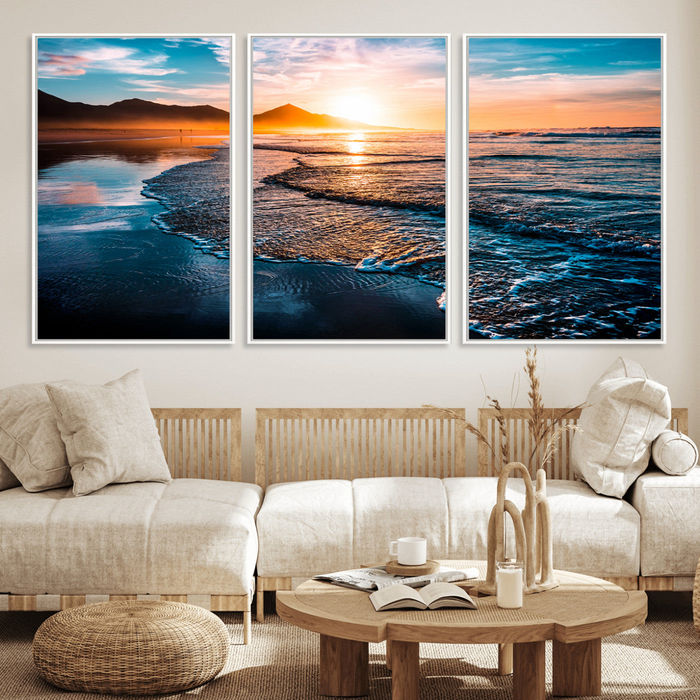 26494-MGV-FC-60X30-3P_White-Ocean Sunset Wall Art – Scenic Beach Canvas Print with Waves and Mountains, Coastal Seascape Photography for Living Room, Bedroom
