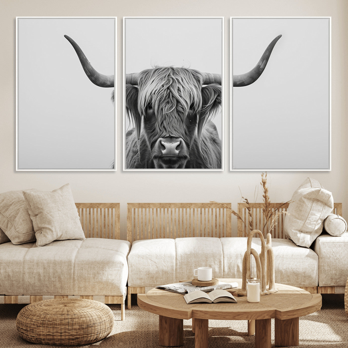 35820-MGV-FC-60X30-3P_White-Minimalist Highland Cow Wall Art – Black and White Longhorn Cattle Canvas Print, Modern Farmhouse Animal Photography Decor for