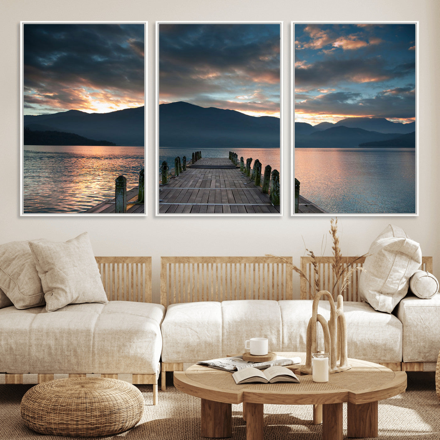 20442-MGV-FC-60X30-3P_White-Lakeside Sunset Dock Wall Art – Peaceful Mountain Lake Canvas Print, Serene Nature Landscape Decor for Living Room, Bedroom or