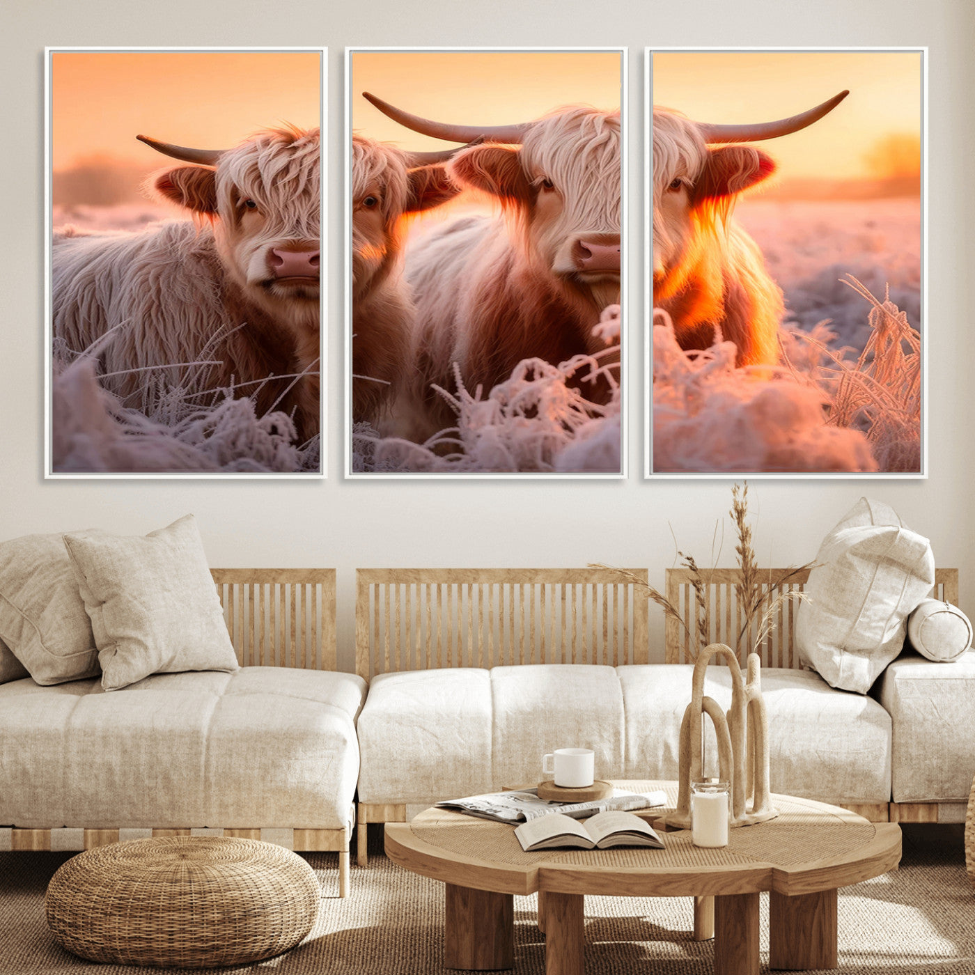 68253-MGV-CV-36X24-Highland Cow Wall Art – Rustic Farmhouse Cattle Canvas Print, Frosty Sunset Animal Artwork for Living Room, Bedroom or Country