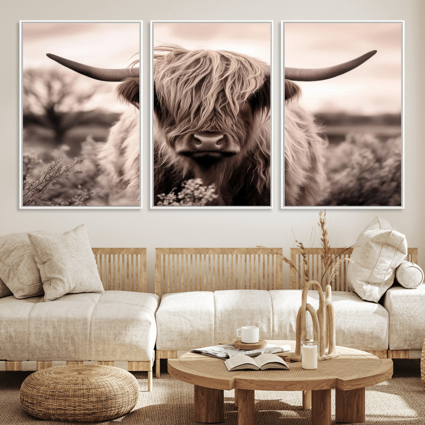 55903-MGV-FC-60X30-3P_White-Highland Cow Wall Art – Rustic Sepia Scottish Highland Bull Canvas Print, Farmhouse Country Animal Decor for Living Room, Bedroom