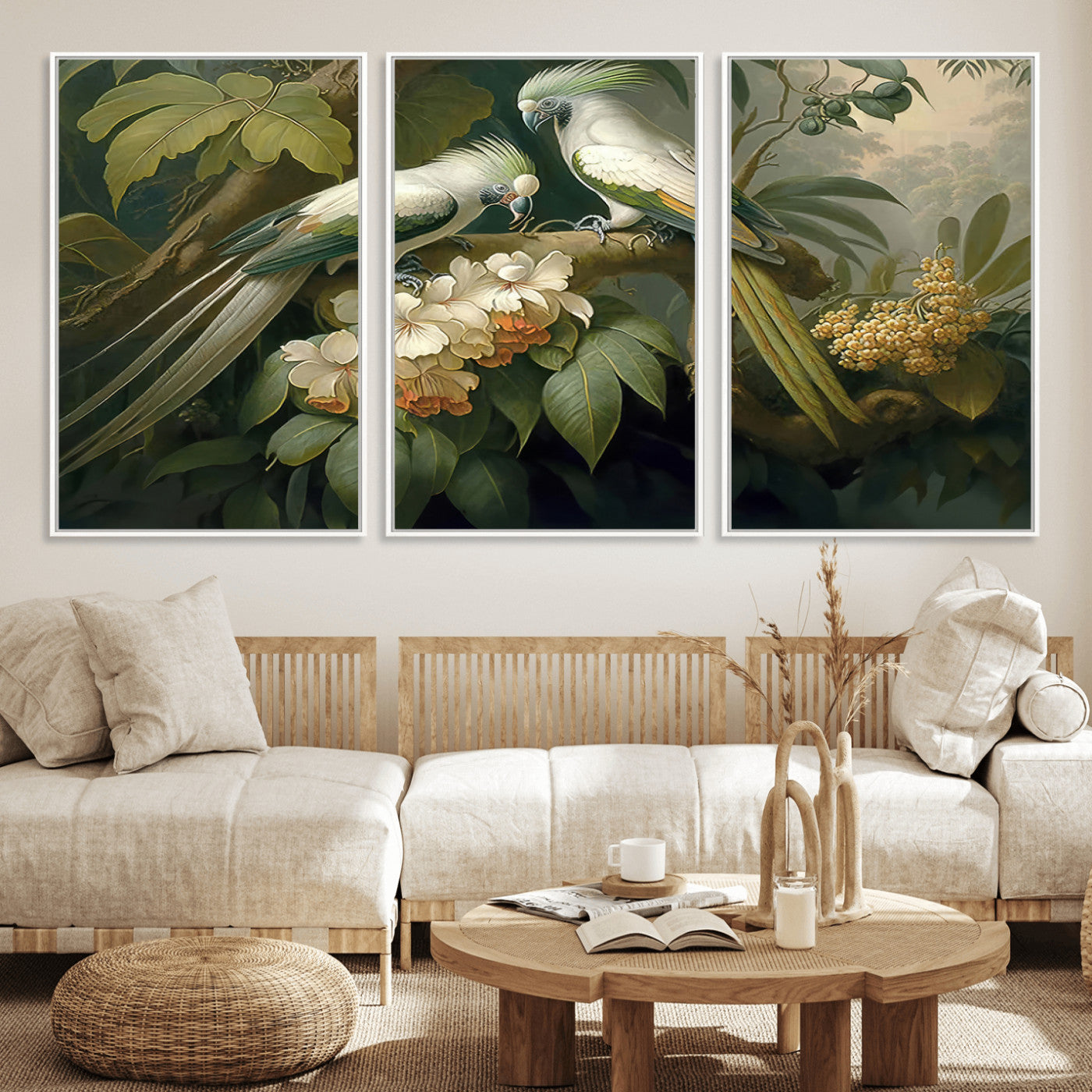 84047-MGV-FC-60X30-3P_White-Tropical Birds Wall Art – Elegant Botanical Canvas Print, Exotic Nature Decor for Living Room, Bedroom or Office