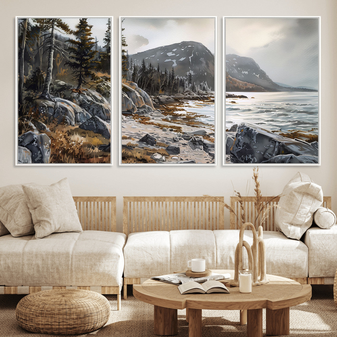 41281-MGV-CV-36X24-Rocky Shoreline Wall Art – Panoramic Mountain Coast and Forest Canvas Print, Rustic Nature Landscape Decor for Cabin, Lodge, or