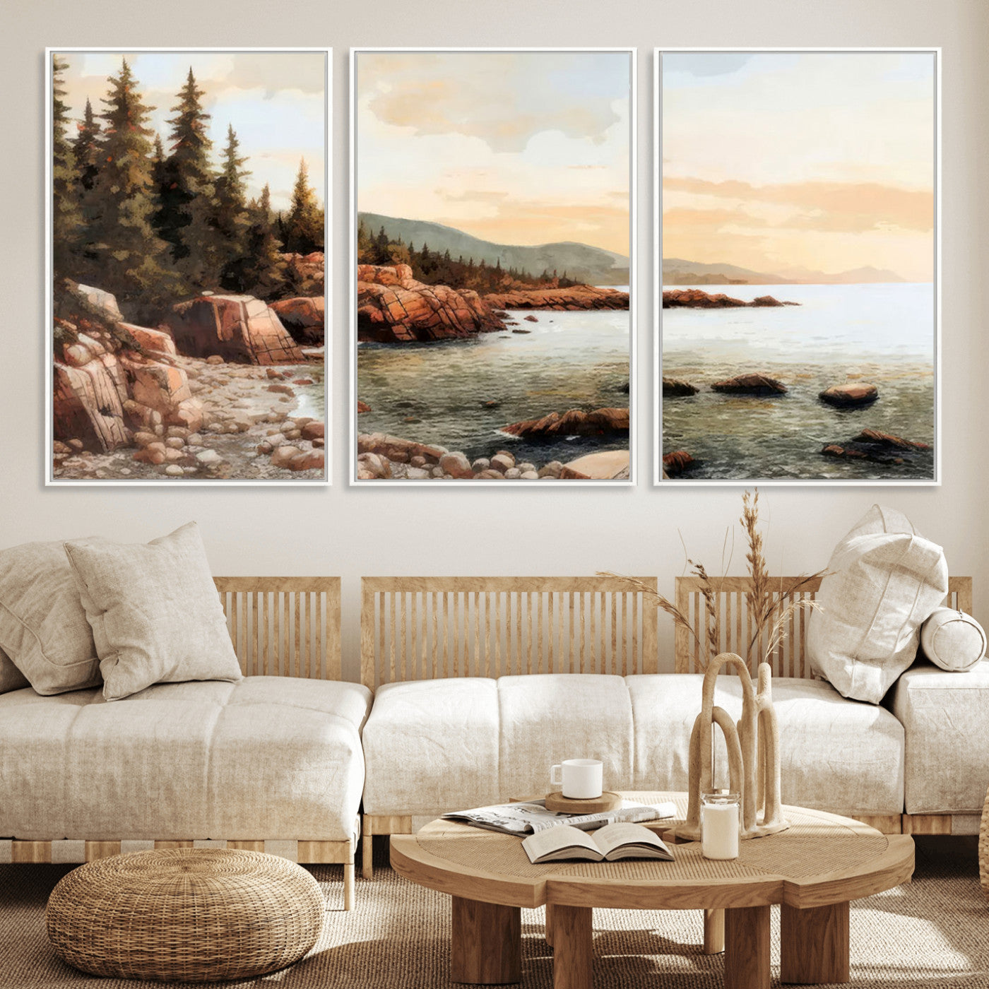 77145-MGV-CV-36X24-Coastal Landscape Wall Art – Panoramic Rocky Shoreline and Pine Trees Canvas Print, Rustic Nature Decor for Cabin, Lodge, Office,