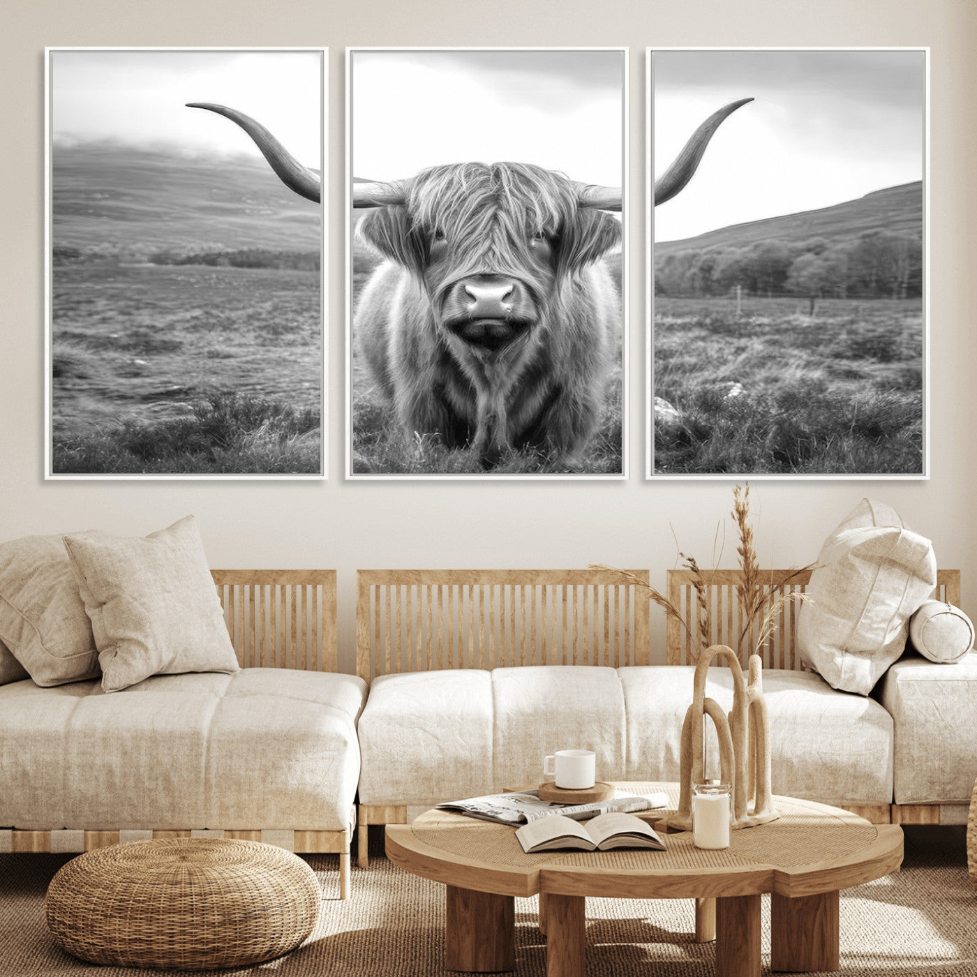 52903-MGV-CV-36X24-Highland Cow Wall Art – Black and White Canvas Print Rustic Cattle Portrait, Farmhouse Country Decor for Living Room, Office,