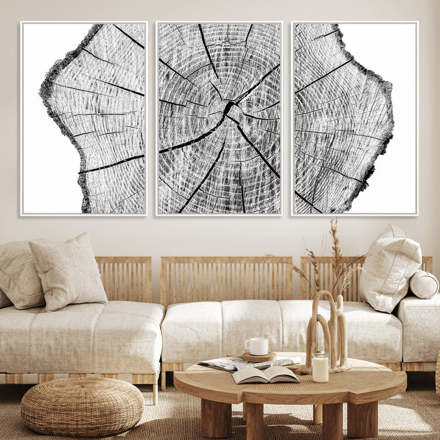 98709-MGV-CV-36X24-Tree Ring Wall Art – Black and White Canvas Print Rustic Wood Cross Section, Minimal Nature Inspired Decor for Living Room,
