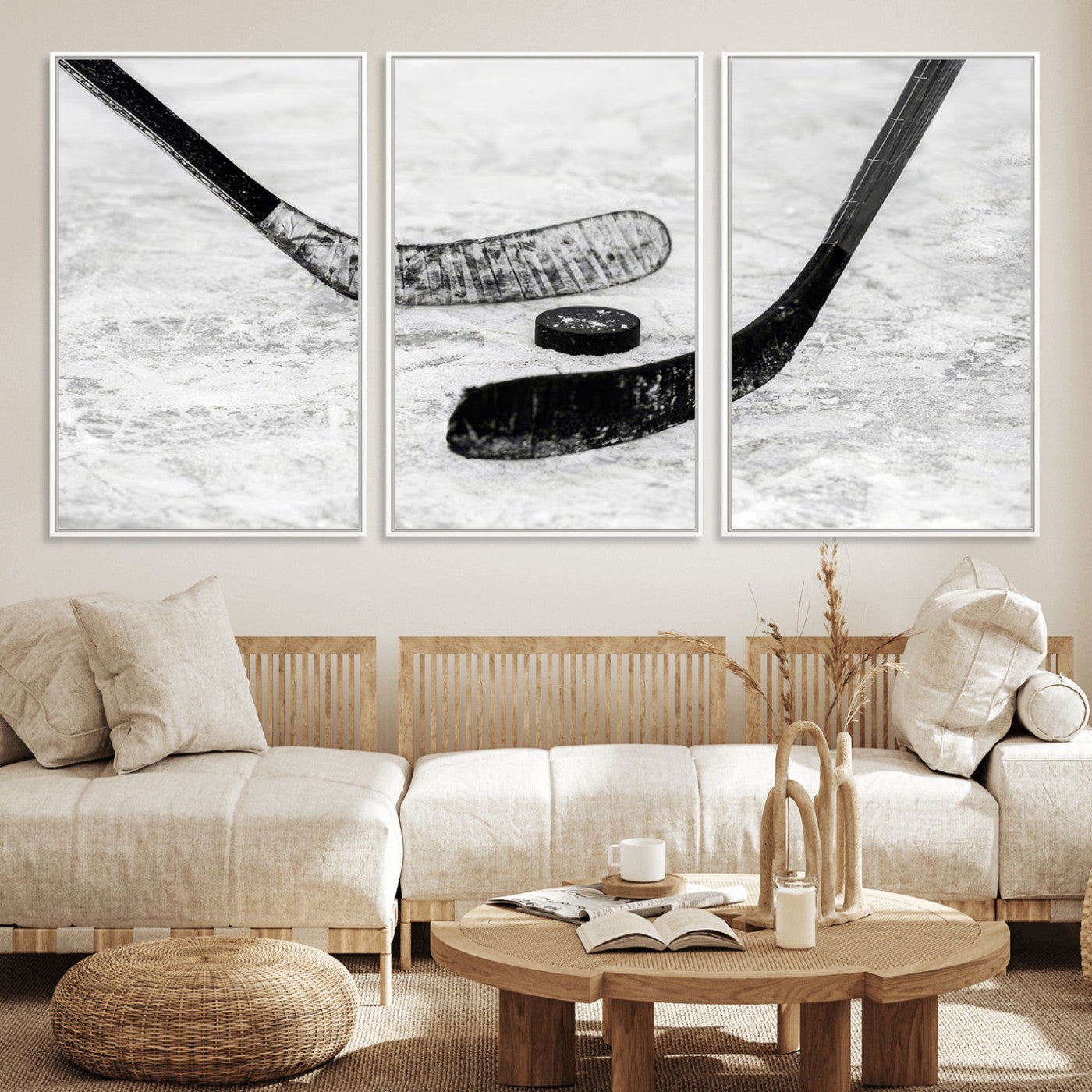 82900-MGV-CV-36X24-Hockey Wall Art – Black and White Canvas Print Ice Rink Sticks Puck Sports Photography, Modern Decor for Game Room, Man Cave,