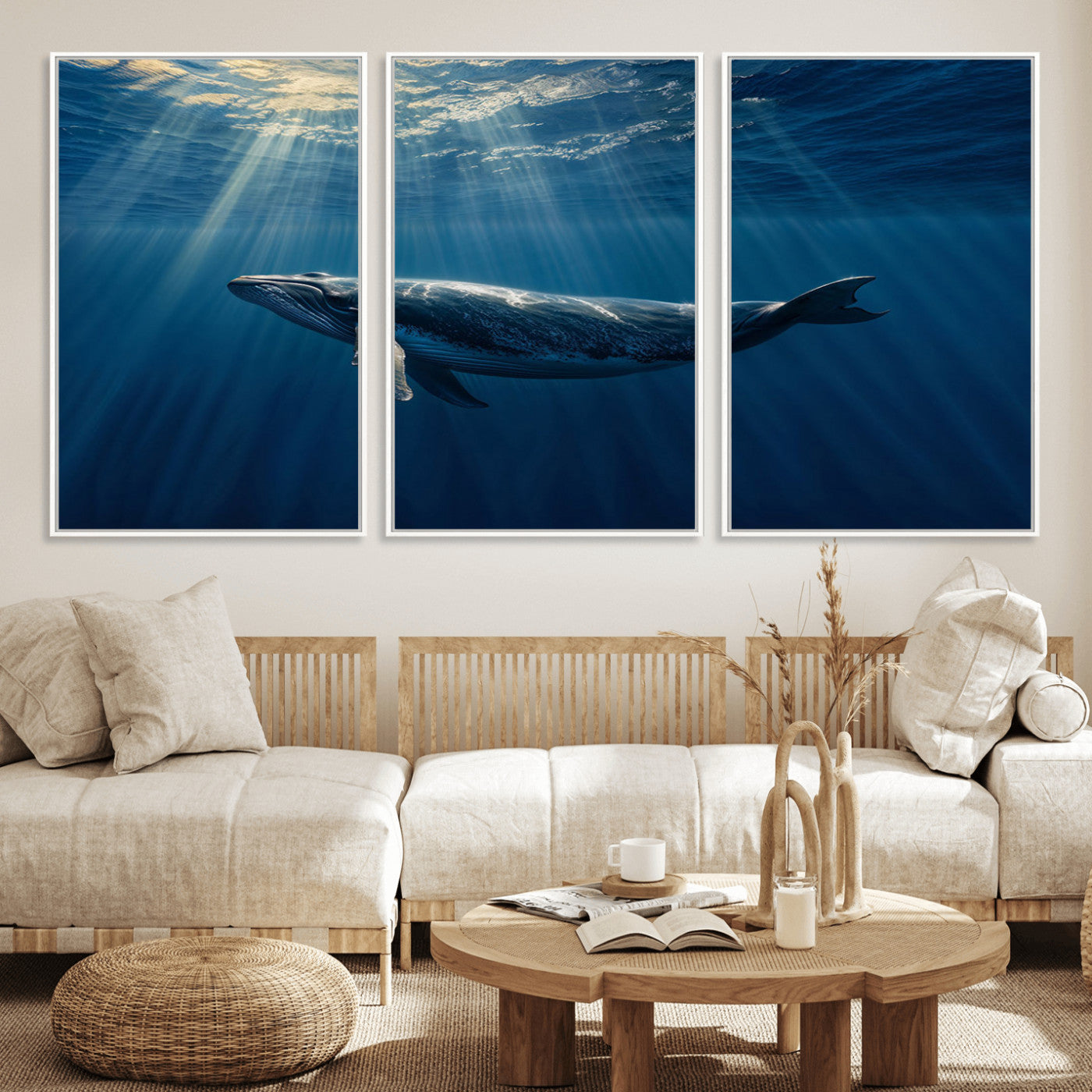 18052-MGV-CV-36X24-Whale Wall Art – Majestic Ocean Canvas Print Marine Life Underwater Sunlight Scene, Nautical Coastal Decor for Living Room,