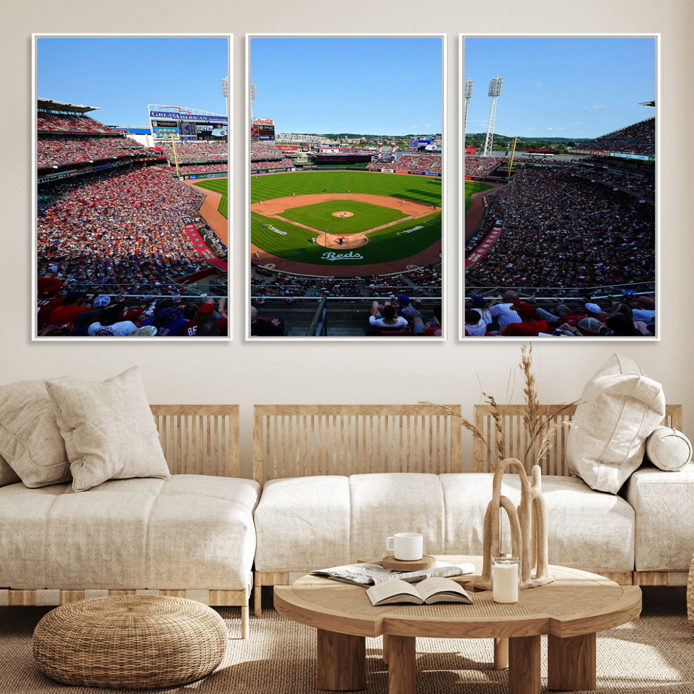 90998-MGV-FC-60X30-3P_White-Baseball Stadium Wall Art – Canvas Print Day Game Field Packed Crowd Bright Blue Sky Sports Photography, Classic Decor for Game