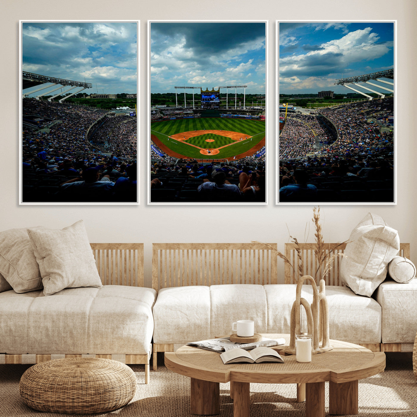 37127-MGV-FC-60X30-3P_White-Kauffman Stadium Wall Art Canvas Print, Framed Kansas City Royals Field Art Picture Print, Baseball Stadium Perfect Sport Room