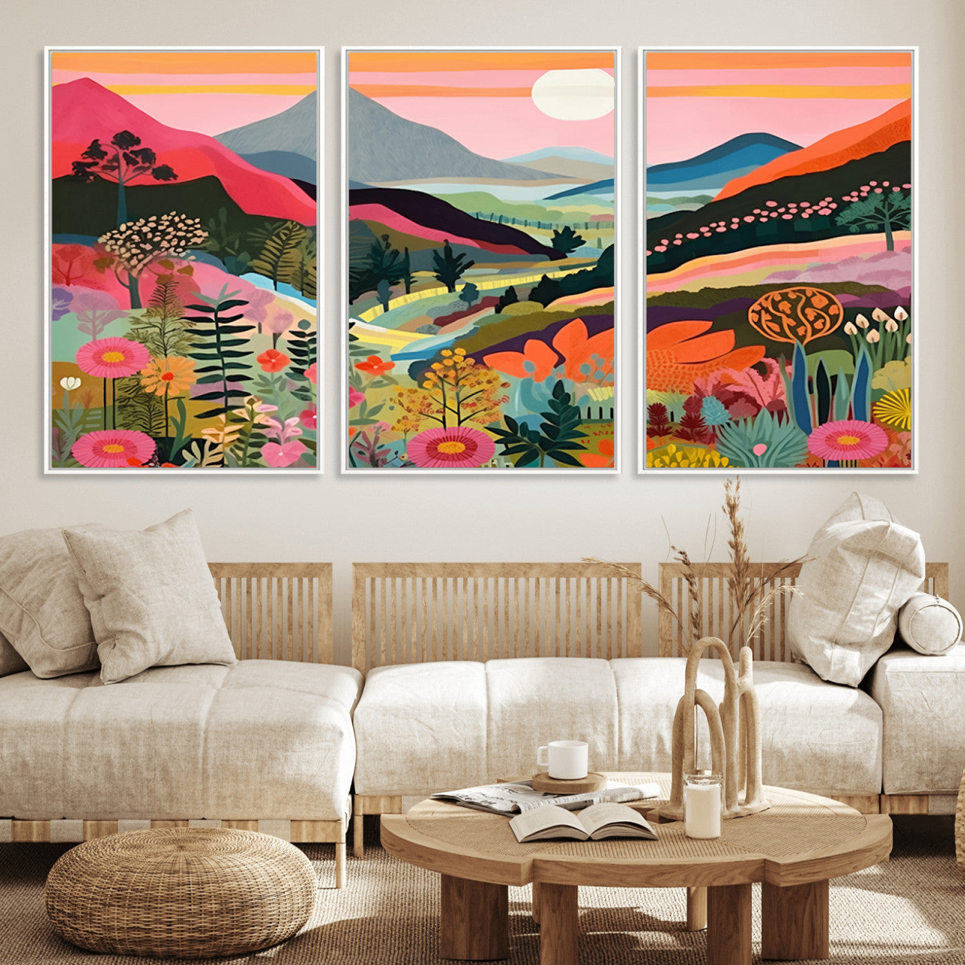 61376-MGV-FC-60X30-3P_White-Floral Valley Wall Art – Panoramic Mountain Landscape Canvas Print, Vibrant Nature Decor for Living Room, Office, or Bedroom