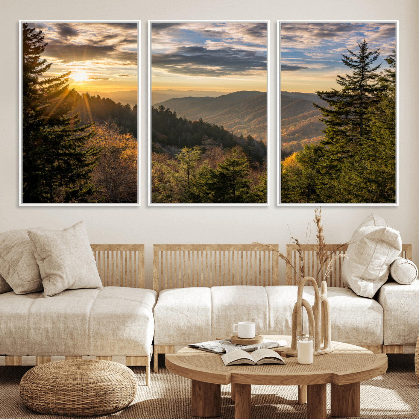 73692479-MGV-FC-60X30-3P_White-Smoky Mountains Wall Art Canvas Print, Framed Forest Mountain Art Picture Print, Spring Mountain Perfect Spring Style Decor