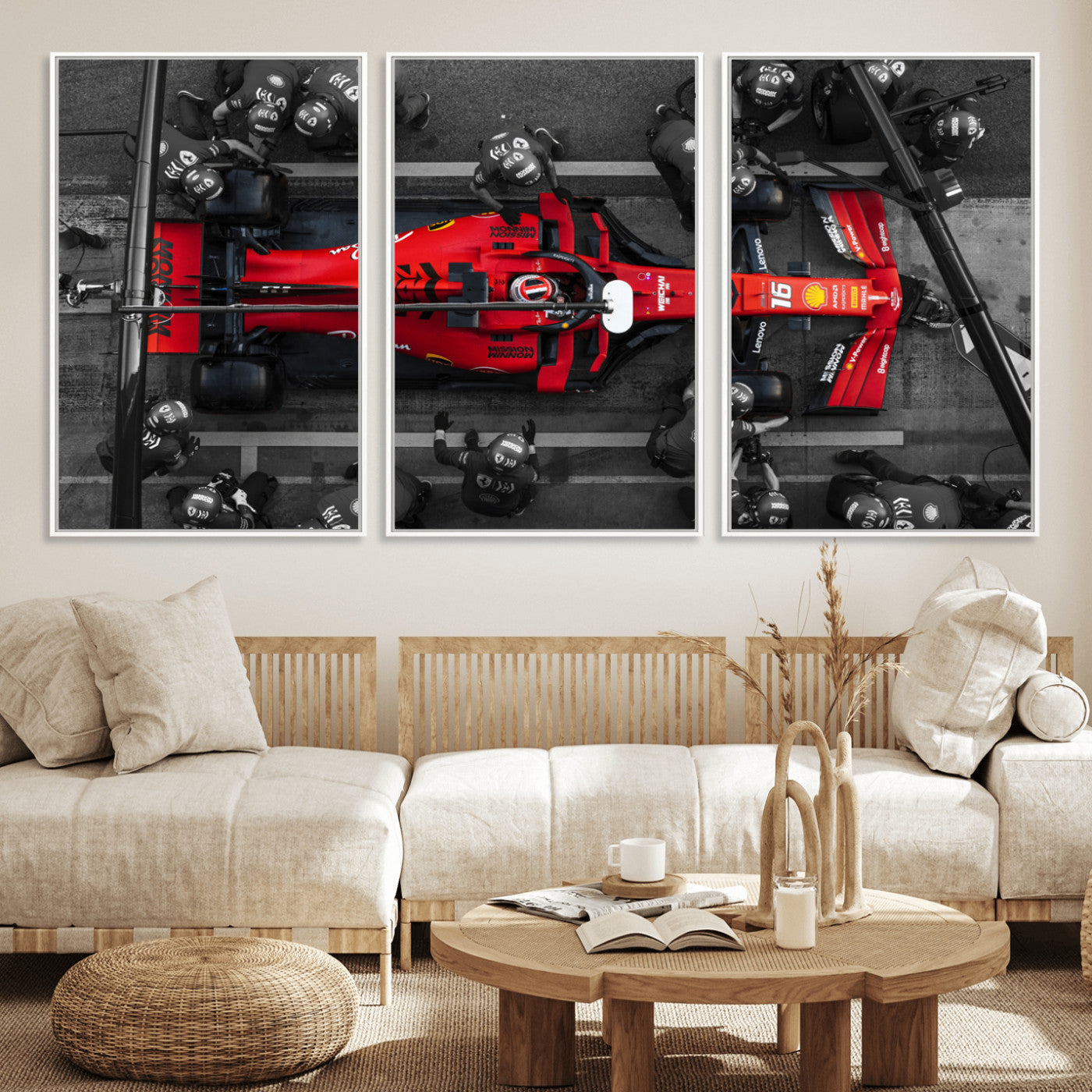 99356-MGV-FC-60X30-3P_White-Ferrari Pit Stop Wall Art – Formula 1 Racing Car Canvas Print, Red Speed Machine Motorsport Decor for Office, Garage, Man Cave or