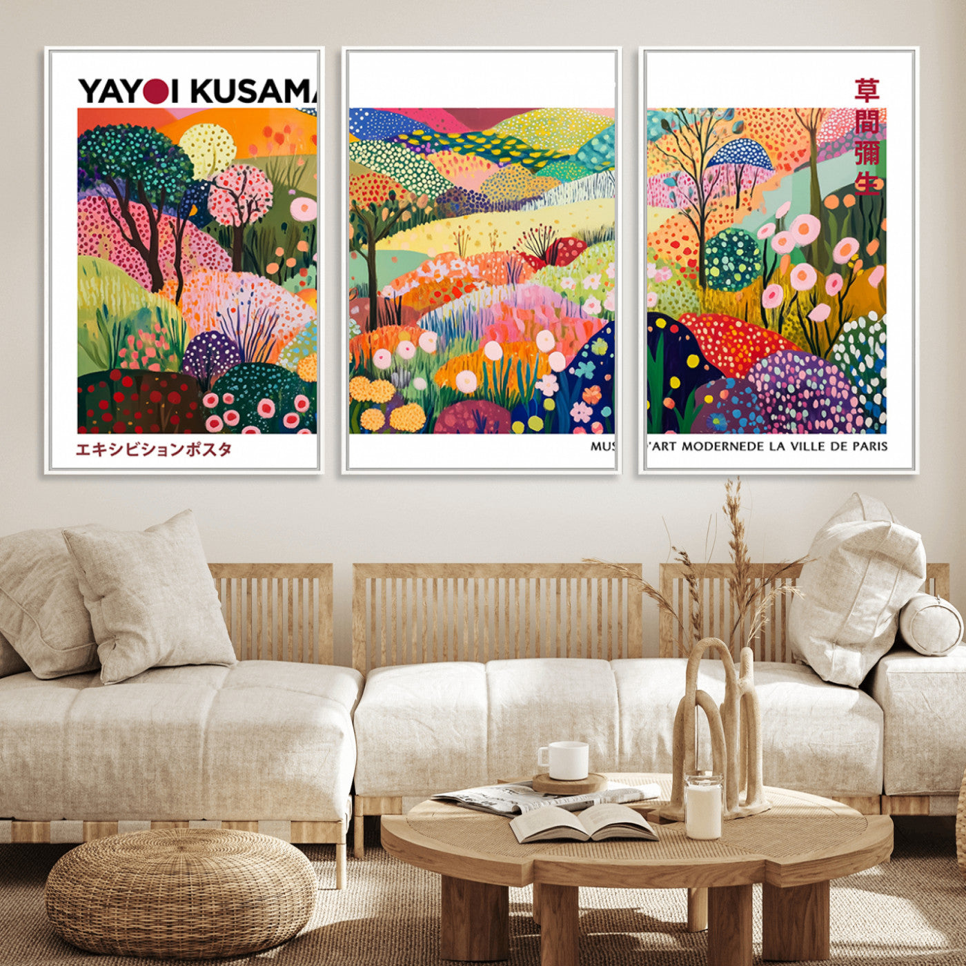 75201-MGV-FC-60X30-3P_White-Yayoi Kusama Floral Wall Art – Vibrant Abstract Landscape Canvas Print, Modern Pop Art Poster for Living Room, Bedroom, or Gallery