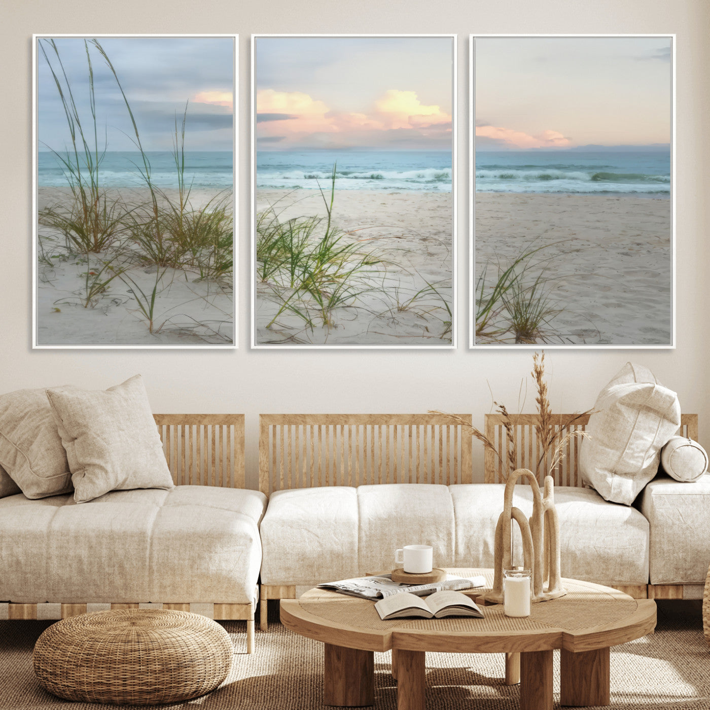 Test1001-MGV-FC-60X30-3P_White-Coastal Beach Wall Art – Panoramic Ocean Waves and Sandy Dunes Canvas Print, Serene Seascape with Sea Oats for Relaxing Home or