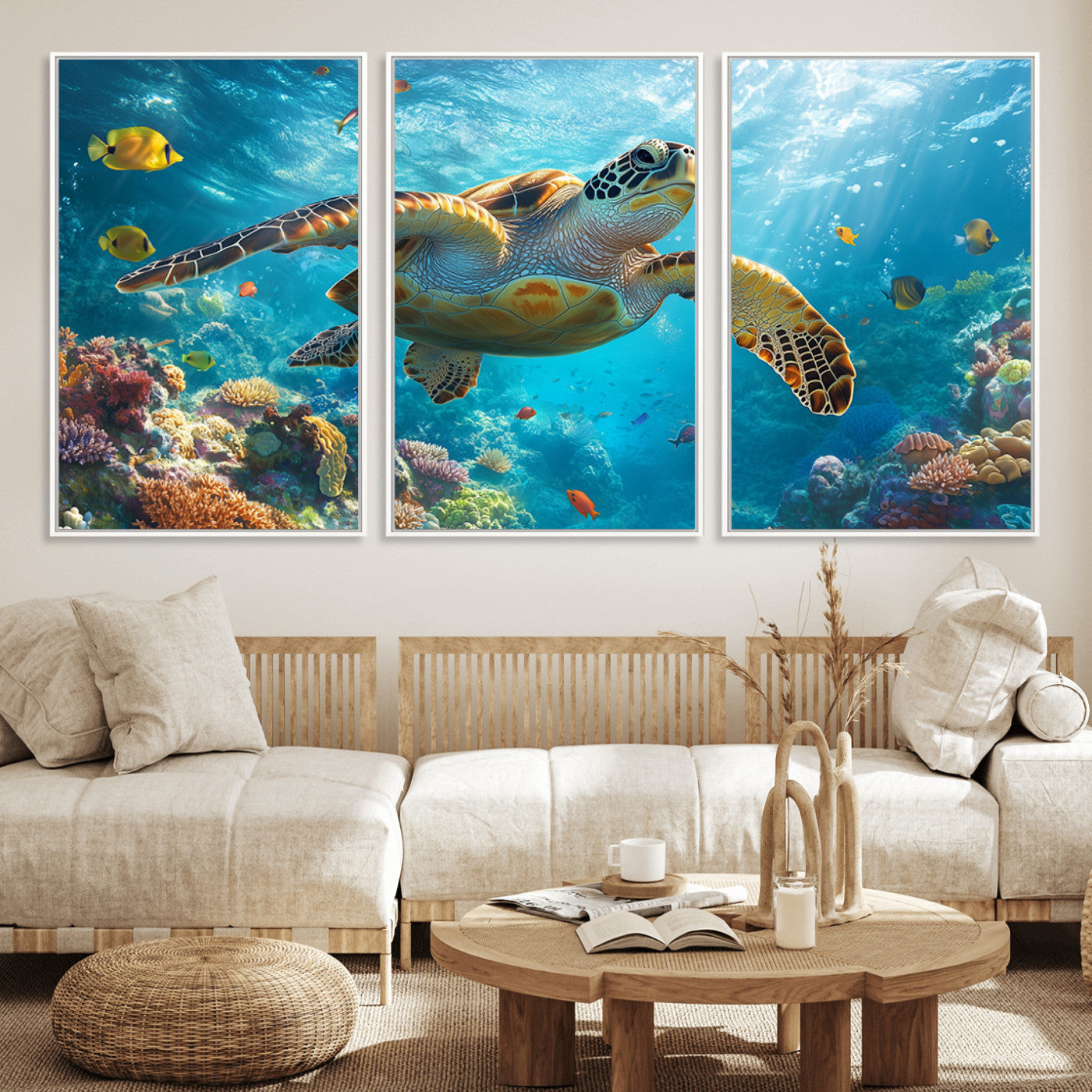 37623-MGV-FC-60X30-3P_White-Sea Turtle Wall Art – Underwater Ocean Canvas Print with Coral Reef and Tropical Fish, Marine Life Painting Poster for Living