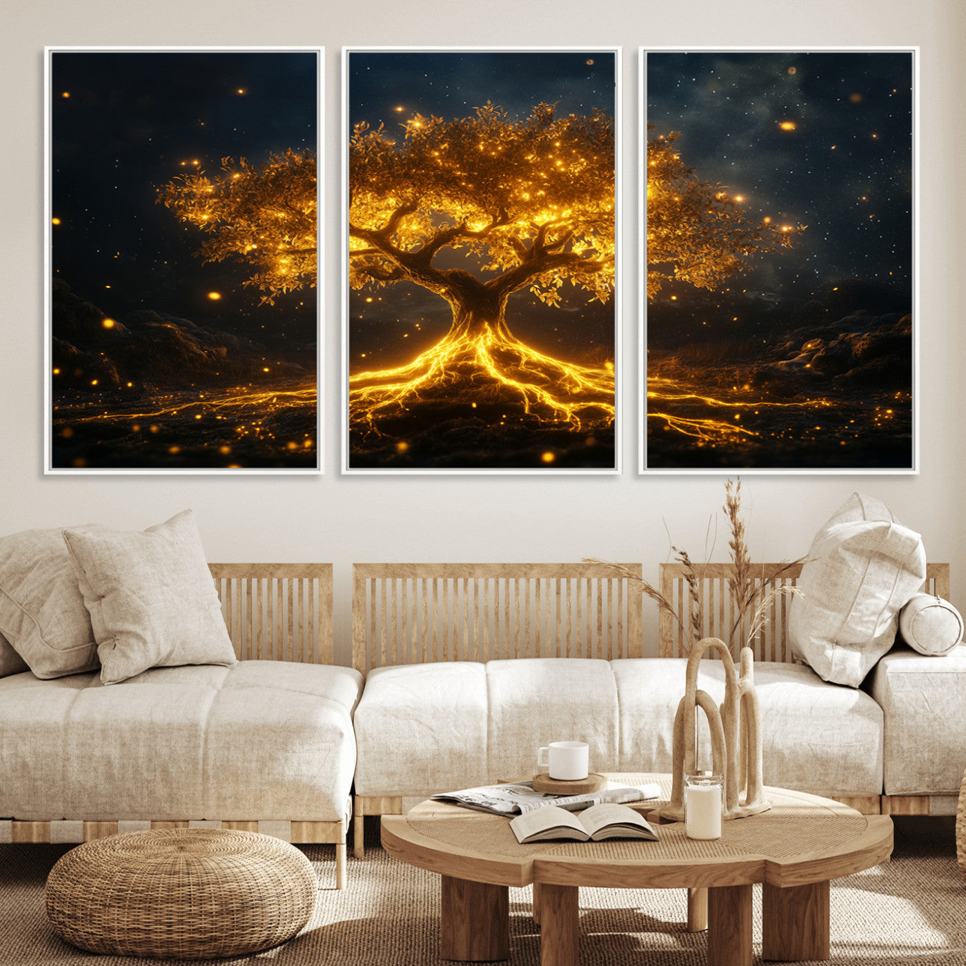 60194-MGV-FC-60X30-3P_White-Glowing Tree Wall Art – Golden Roots Fantasy Canvas Print, Mystical Illuminated Tree Painting Poster for Living Room, Bedroom,