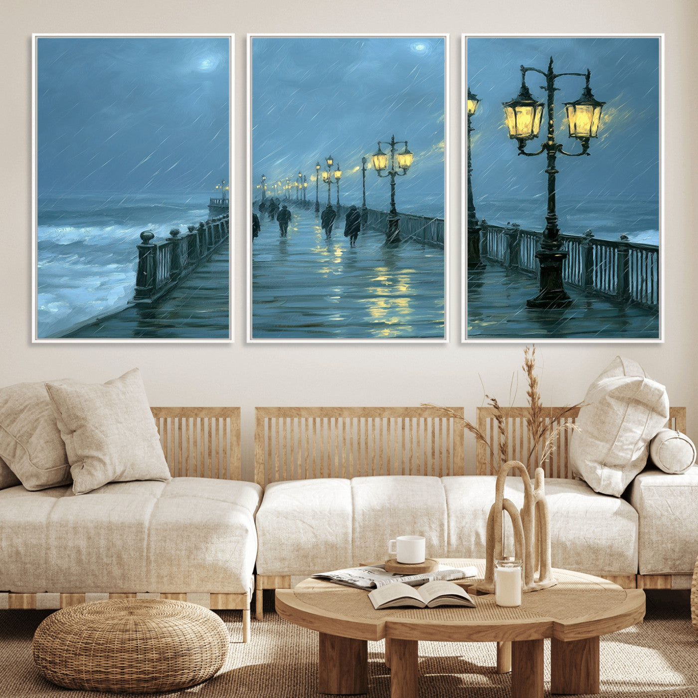 79606-MGV-FC-60X30-3P_White-Rainy Pier Night Wall Art – Ocean Waves and Street Lamps Canvas Print, Moody Seascape Oil Painting Poster for Living Room,