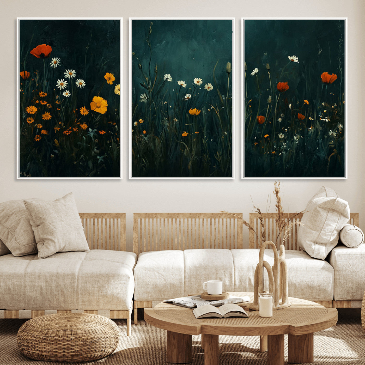 87037-MGV-CV-36X24-Wildflower Wall Art – Dark Botanical Floral Canvas Print, Modern Nature Painting Poster with Daisies Poppies Orange Flowers for