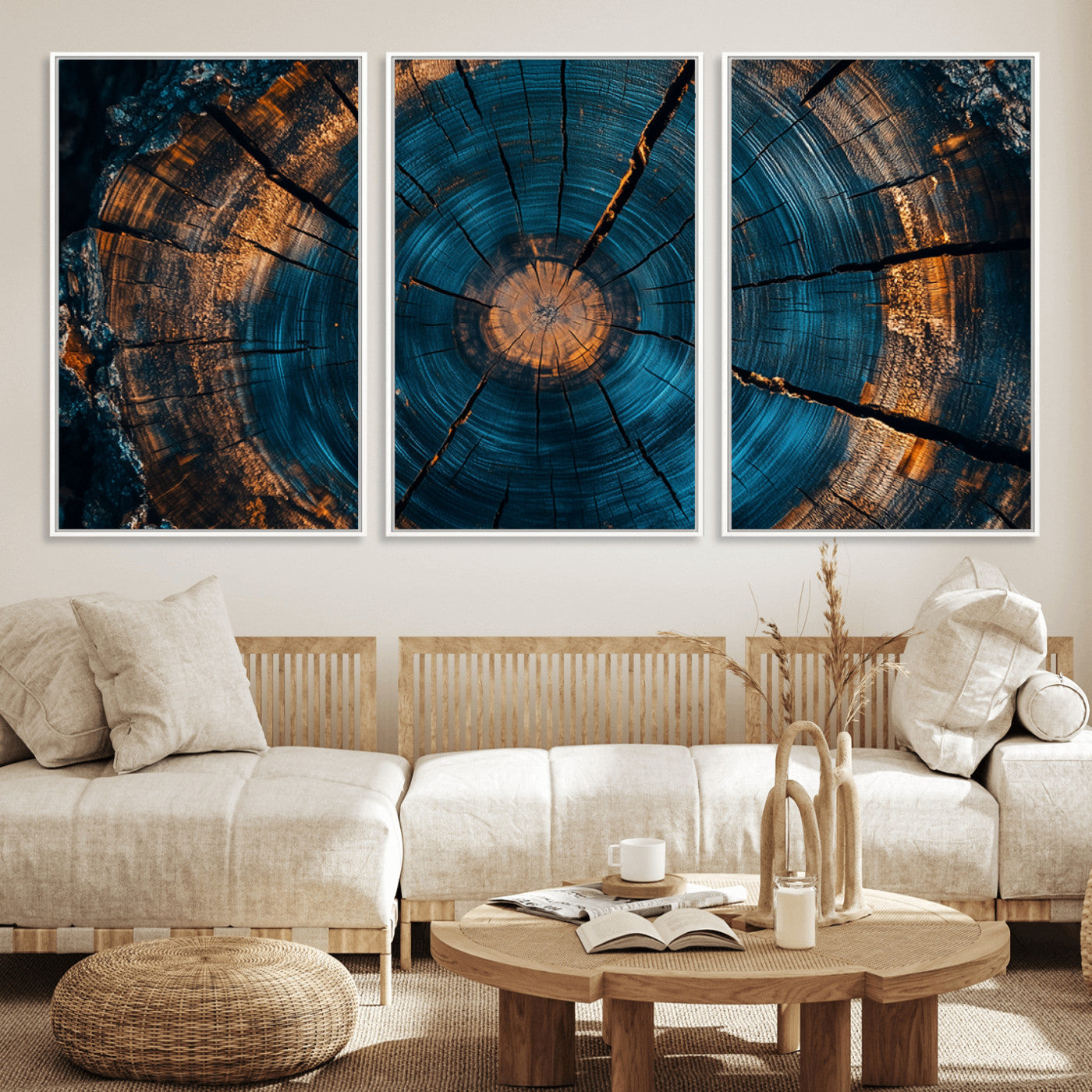 65231-MGV-FC-60X30-3P_White-Blue and Gold Tree Ring Wall Art – Rustic Abstract Wood Slice Canvas Print, Modern Nature Inspired Artwork for Living Room,