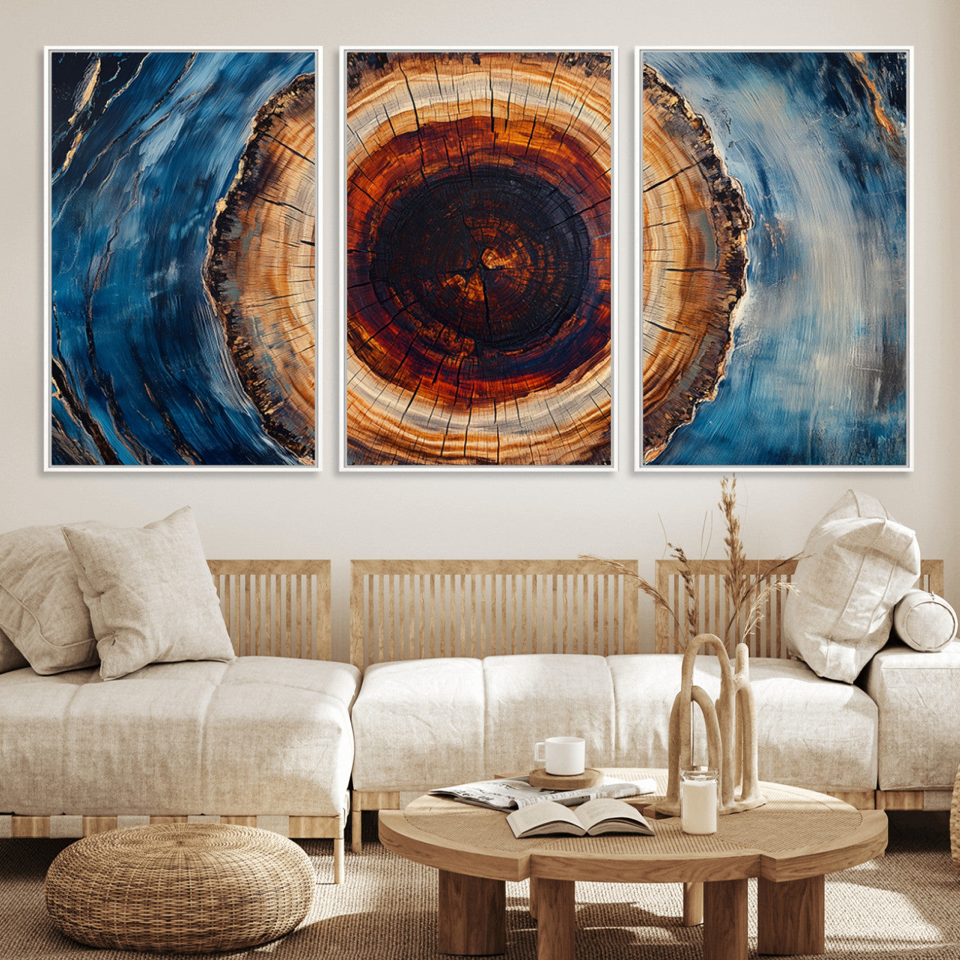 30457-MGV-FC-60X30-3P_White-Tree Ring Abstract Wall Art – Blue and Brown Wood Grain Canvas Print, Modern Nature Inspired Painting for Rustic Living Room,