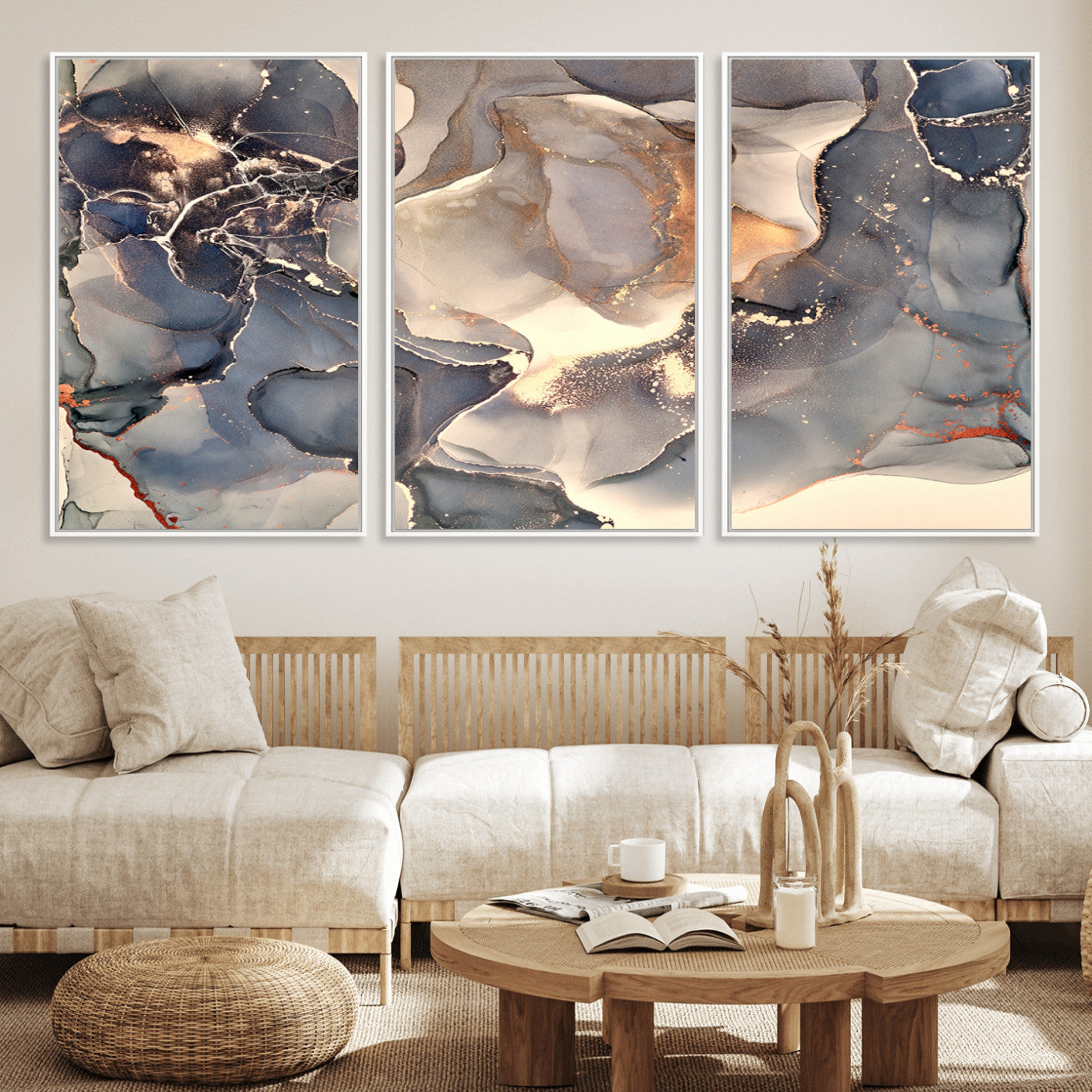 18202-MGV-FC-60X30-3P_White-Abstract Neutral Wall Art – Blue, Beige and Gold Fluid Ink Canvas Print, Modern Minimalist Painting for Living Room, Office