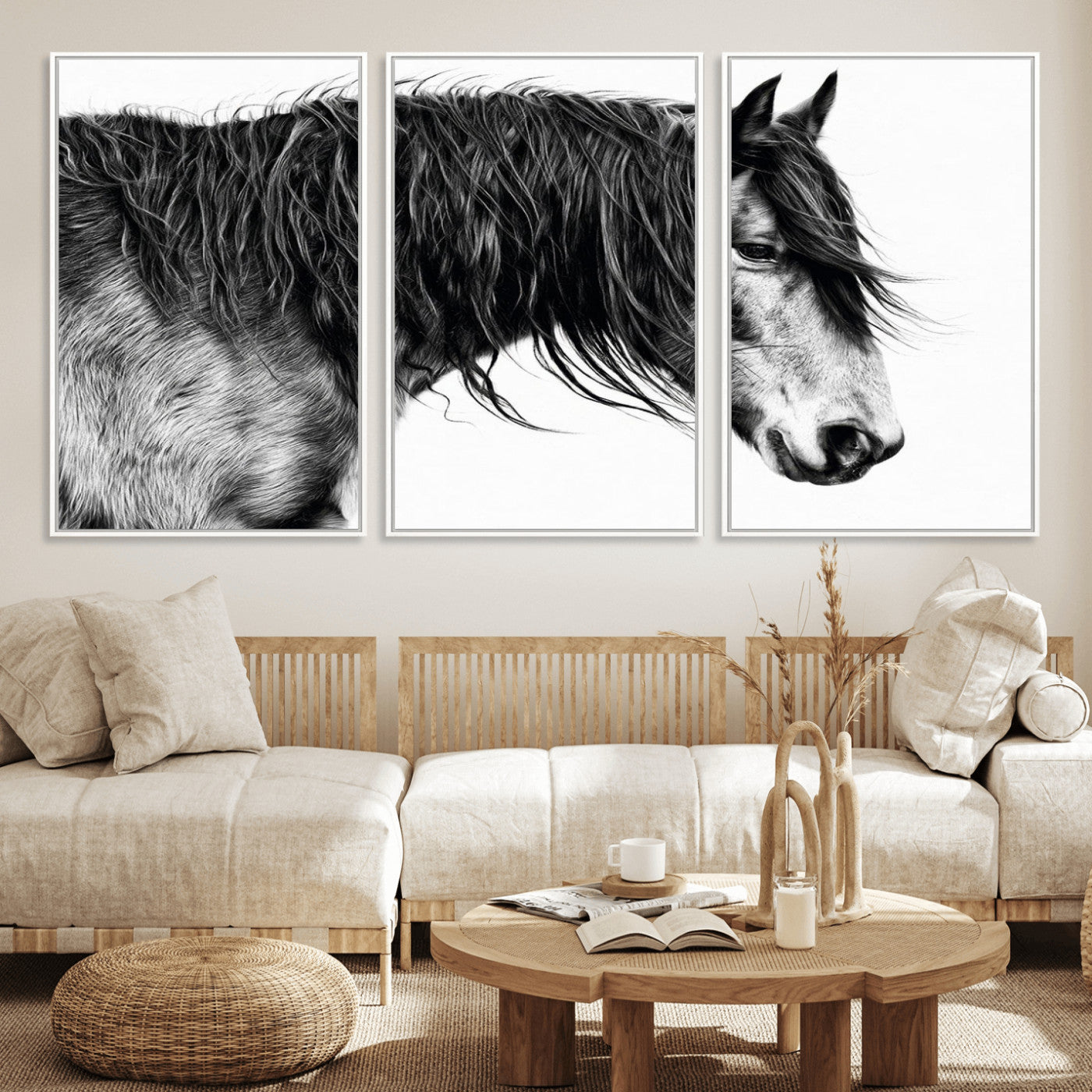 57694-MGV-FC-60X30-3P_White-Horse Portrait Wall Art – Black and White Canvas Print with Detailed Stallion Profile, Rustic Farmhouse Equestrian Artwork for