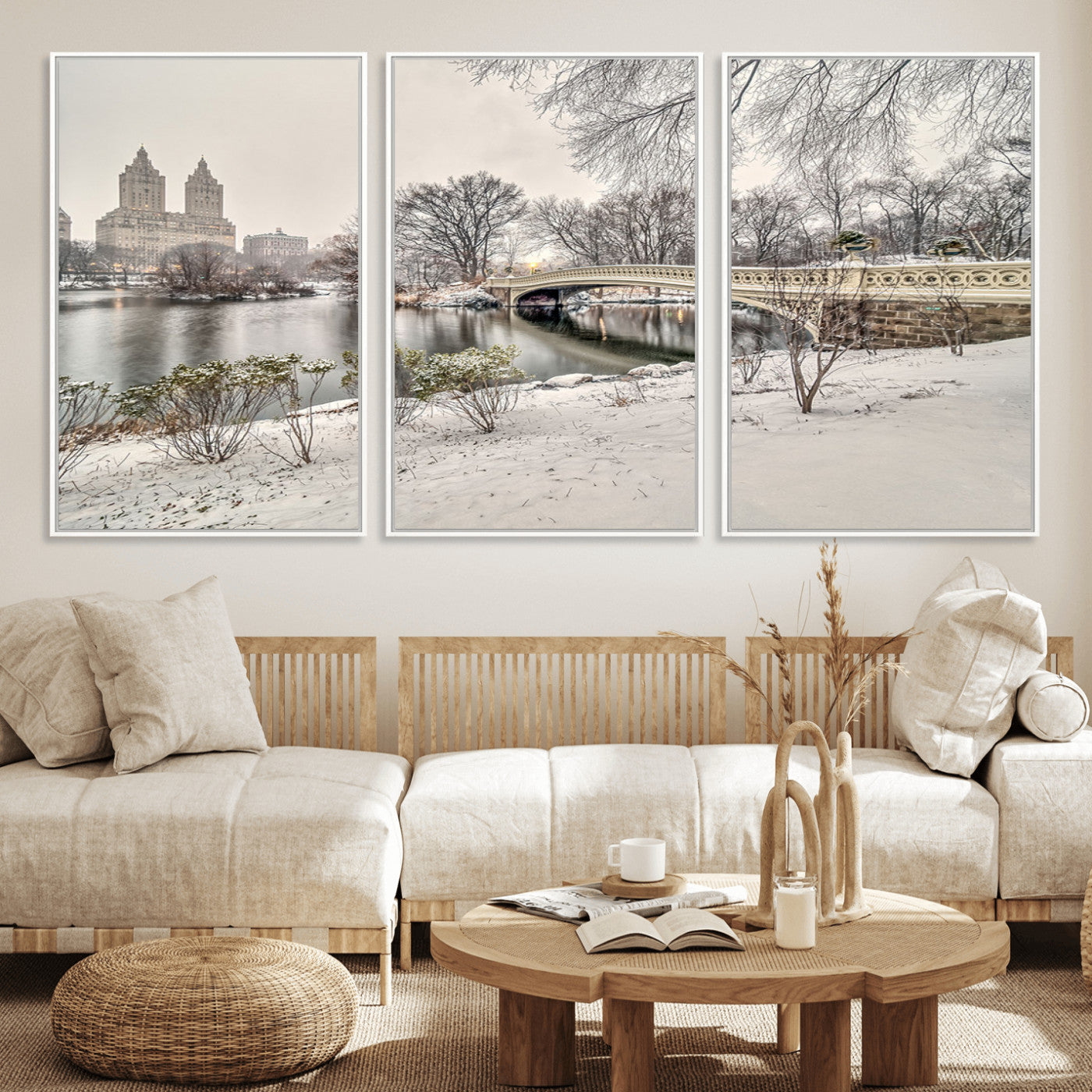 60292-MGV-FC-60X30-3P_White-Central Park Winter Wall Art – Snowy Bow Bridge Canvas Print, Scenic New York City Landscape Photography for Living Room, Bedroom