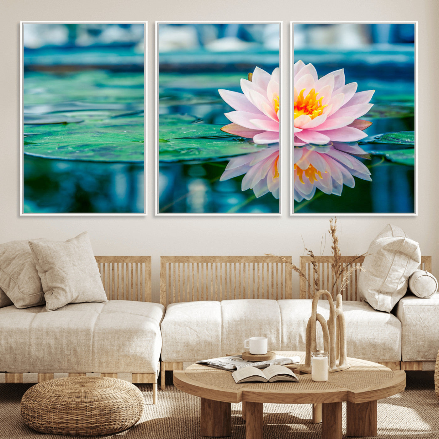 65933-MGV-FC-60X30-3P_White-Pink Water Lily Wall Art – Lotus Flower Canvas Print with Reflection on Calm Water, Peaceful Botanical Artwork for Living Room,
