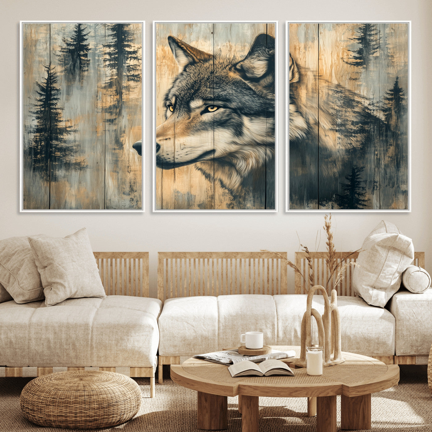 51892-MGV-FC-60X30-3P_White-Wolf Wall Art – Rustic Canvas Print of Wolf with Forest Trees on Wood Texture, Wildlife Lodge Artwork for Living Room, Bedroom,