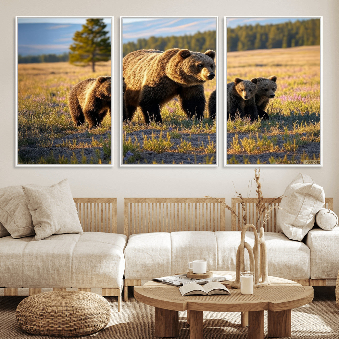 43400-MGV-FC-60X30-3P_White-Bear Family Wall Art – Wildlife Canvas Print of Mother Bear with Cubs in Sunlit Meadow, Rustic Animal Artwork for Living Room,