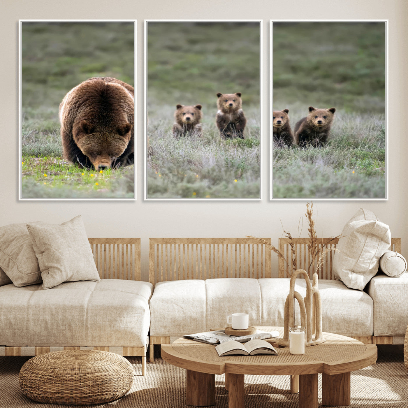 40555-MGV-CV-36X24-Bear Family Wall Art – Wildlife Canvas Print of Mother Bear with Four Cubs in Nature, Rustic Animal Artwork for Living Room,