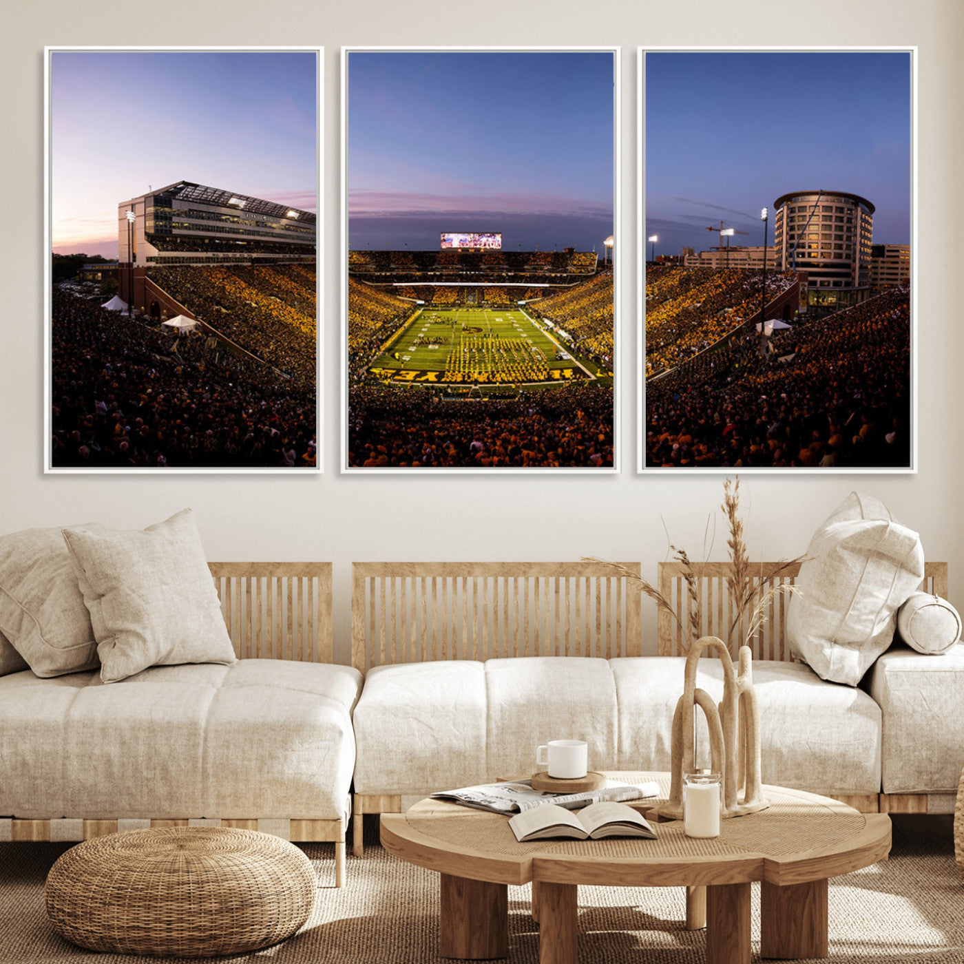 82557-MGV-FC-60X30-3P_White-College Football Stadium Wall Art – Panoramic Sunset Canvas Print with Marching Band and Game Day Crowd, Sports Artwork for Man