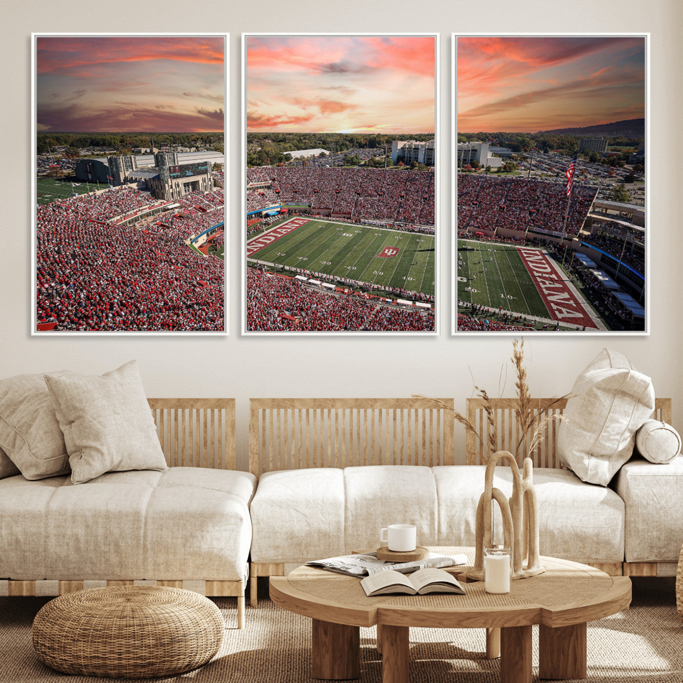 51135-MGV-CV-36X24-Indiana Hoosiers Stadium Wall Art – Panoramic Football Canvas Print with Game Day Crowd and Sunset Sky, Sports Artwork for Man