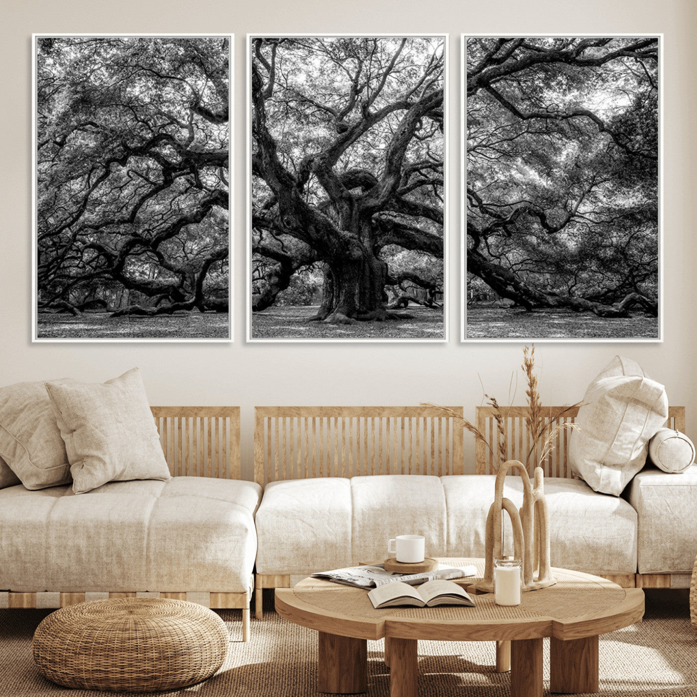 132944706-MGV-FC-60X30-3P_White-Ancient Tree Wall Art – Black and White Photography Canvas Print Featuring Majestic Twisting Branches, Rustic Nature Artwork for
