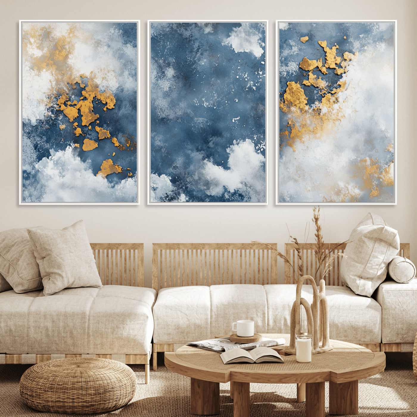 39575-MGV-FC-60X30-3P_White-Blue and Gold Abstract Wall Art – Modern Canvas Print Featuring Cloudy Textures with Metallic Accents, Contemporary Artwork for