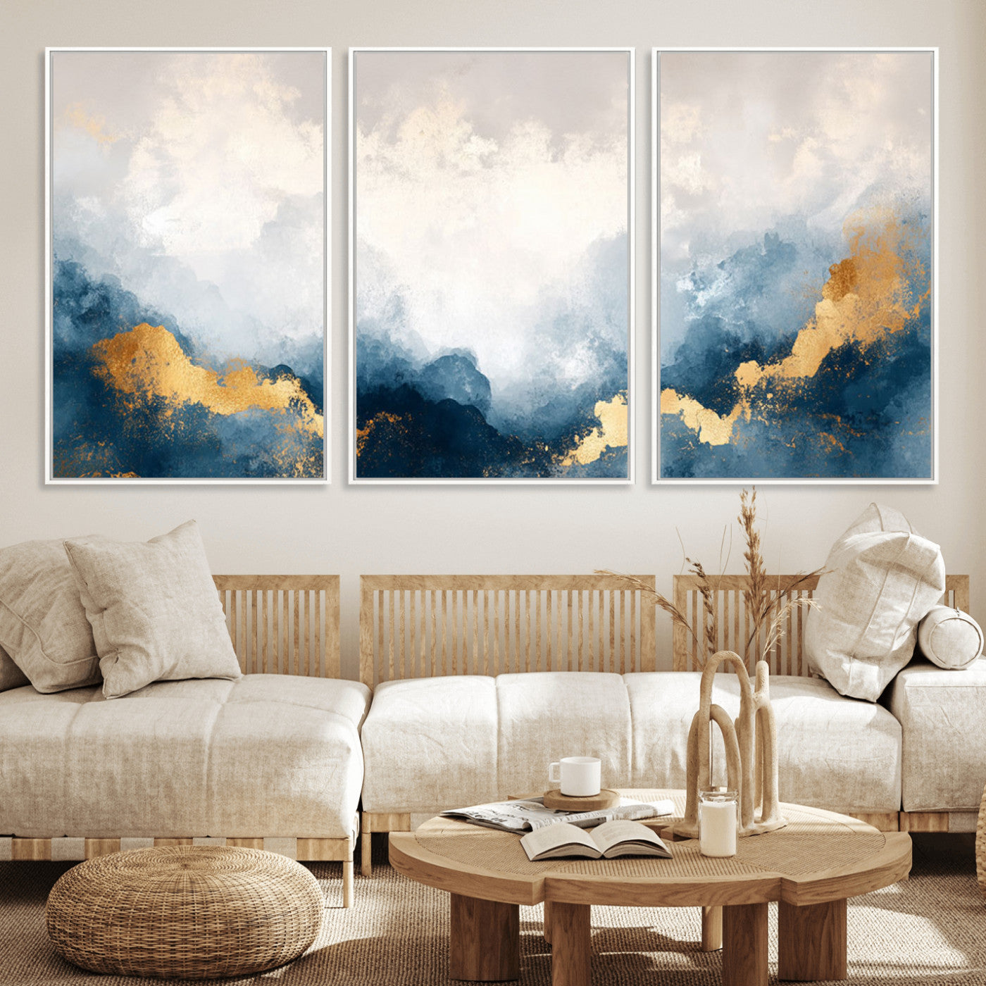 14578-MGV-FC-60X30-3P_White-Abstract Wall Art – Modern Canvas Print Featuring Blue and White Clouds with Golden Accents, Contemporary Elegant Artwork for