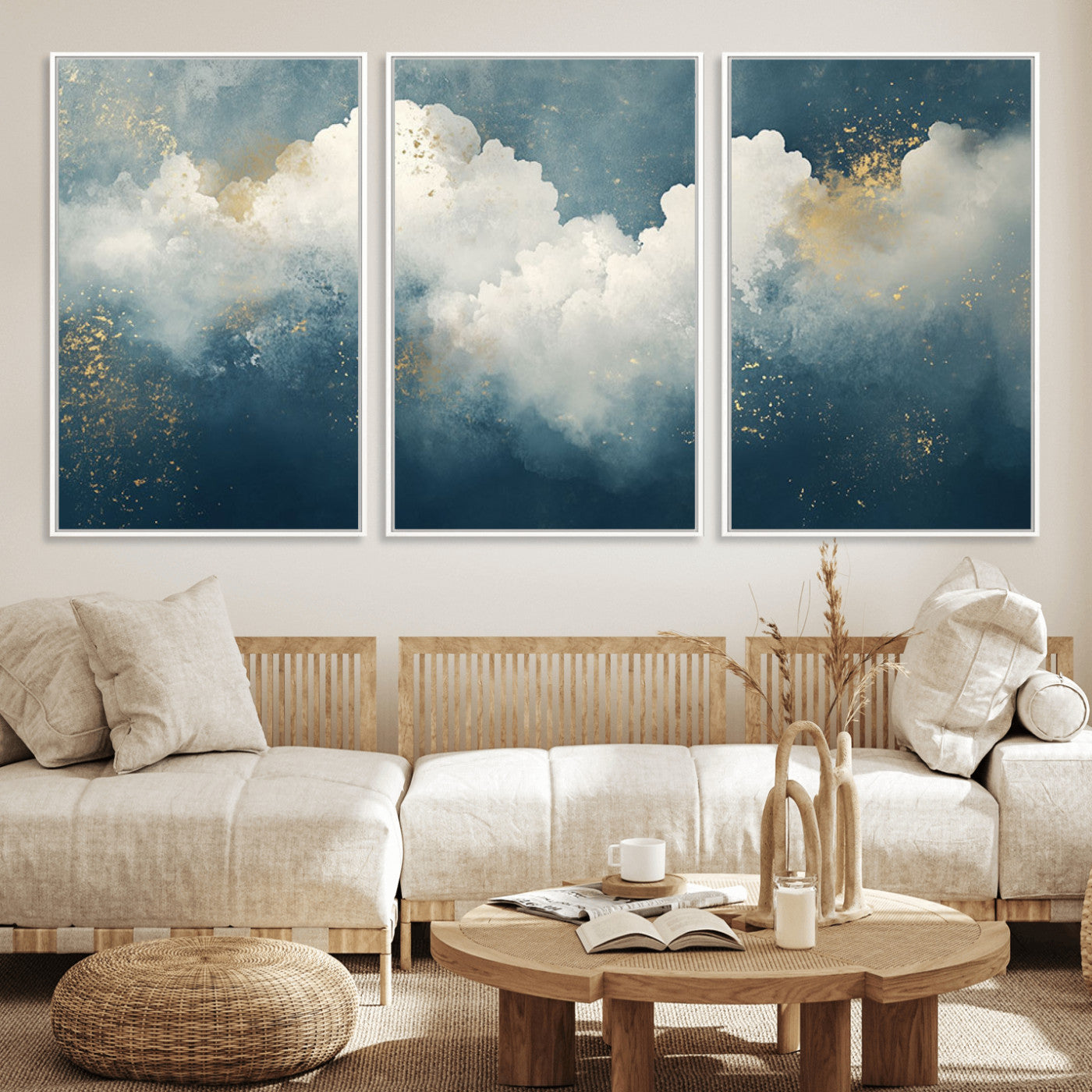 75131-MGV-CV-36X24-Abstract Cloud Wall Art – Modern Canvas Print Featuring Blue and White Clouds with Golden Accents, Contemporary Artwork for Living