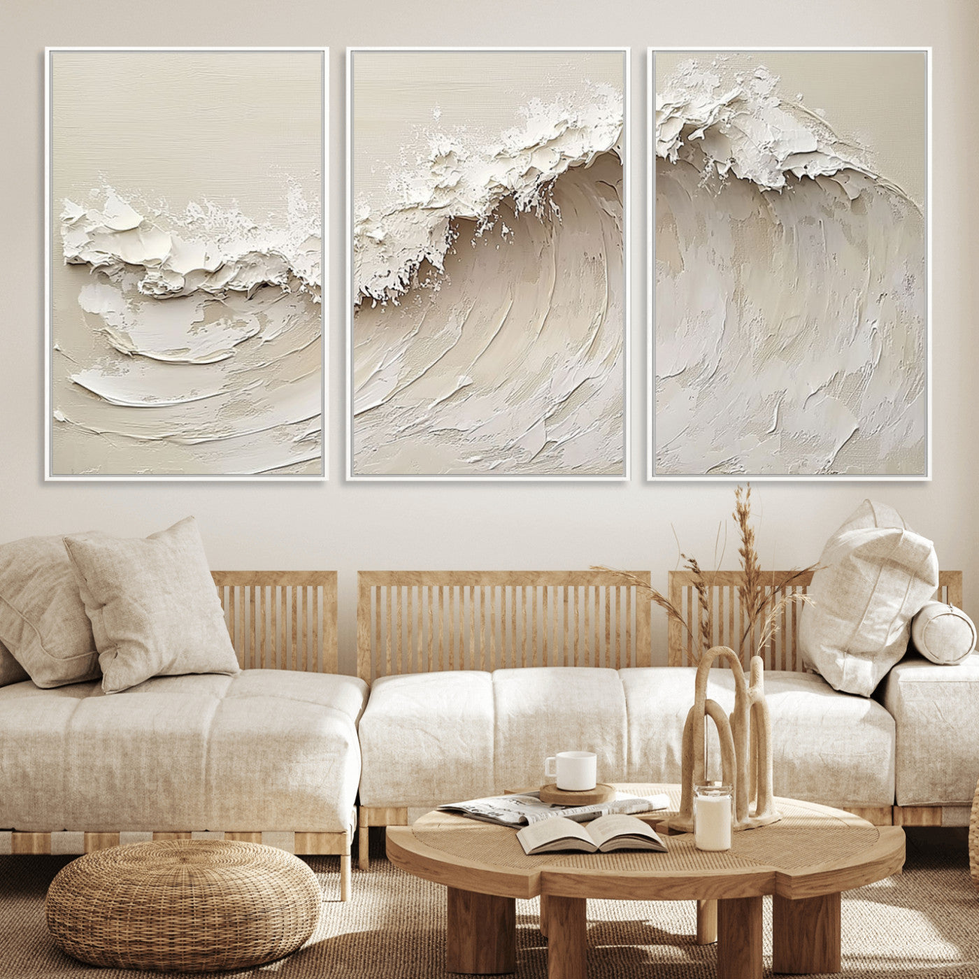 45175-MGV-FC-60X30-3P_White-Textured Wave Wall Art Canvas Print, Framed Minimal Seascape Art Picture Print, Elegant Wave Perfect Modern Coastal Decor Artwork