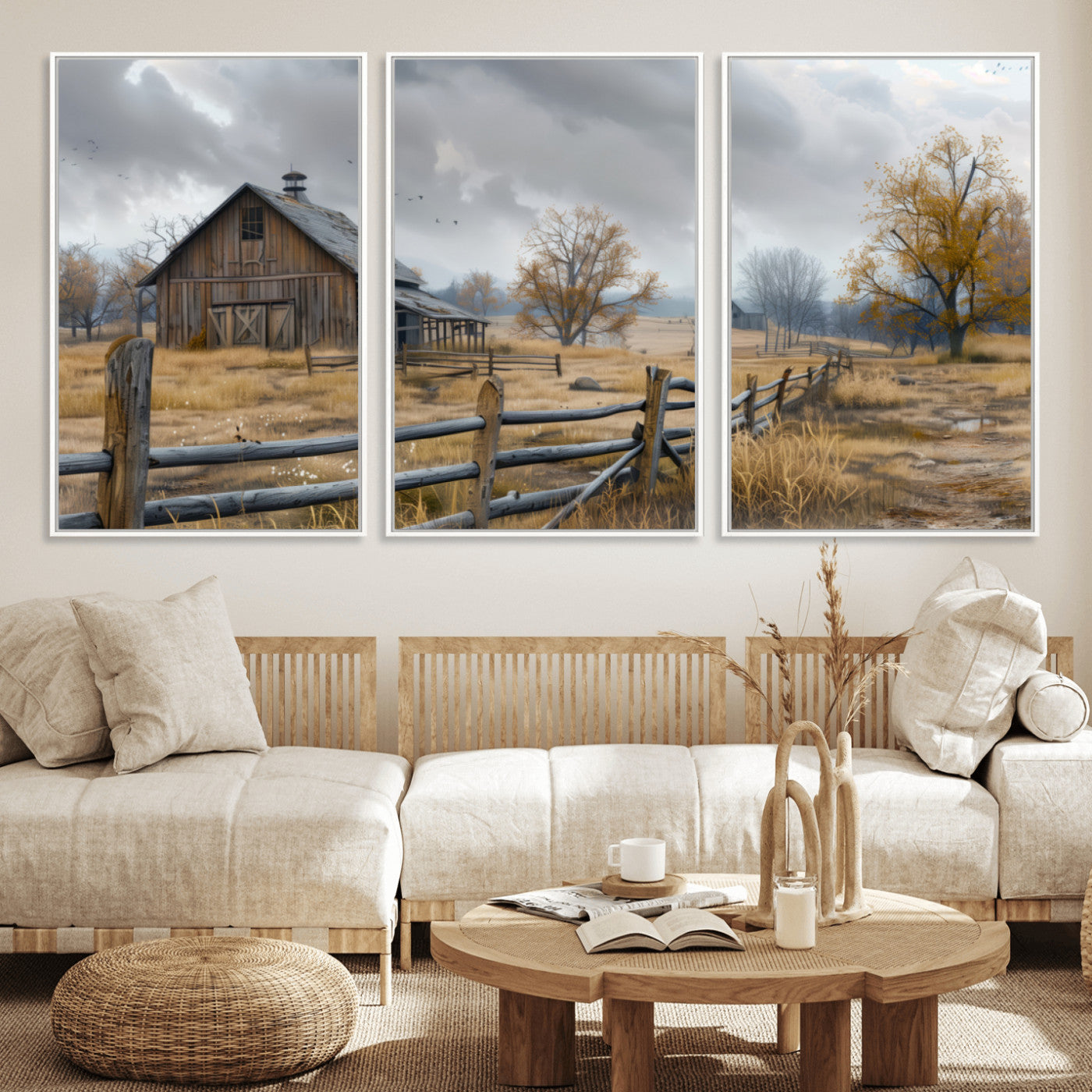 Farm1-MGV-CV-36X24-Rustic Autumn Farmhouse Wall Art – Serene Countryside Scene Canvas Print, Weathered Barn and Autumn Trees Decor for Living Room,