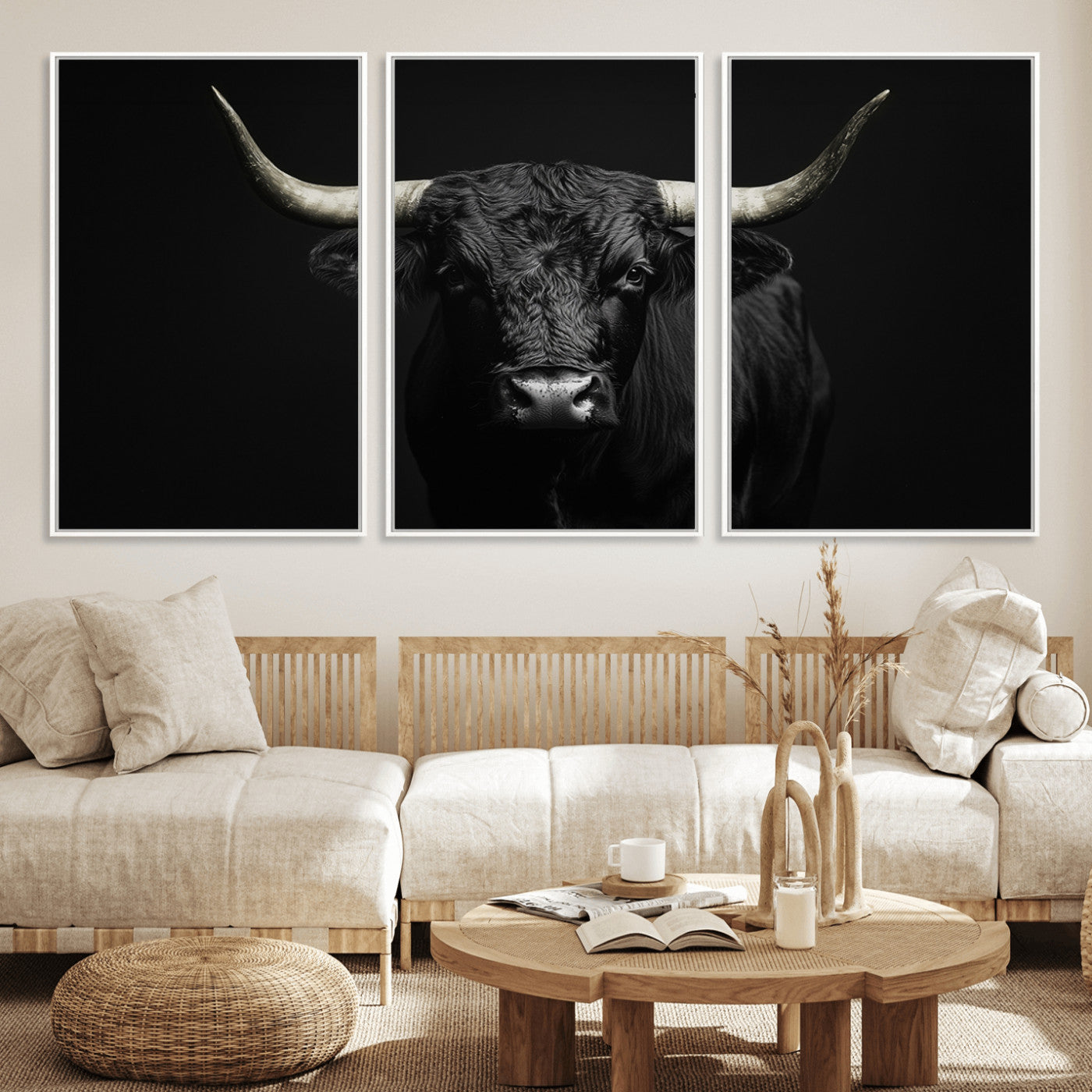 97914921-MGV-FC-60X30-3P_White-Black Bull Wall Art Canvas Print, Framed Longhorn Bull Art Picture Print, Western Bull Perfect Monochrome Western Decor Artwork