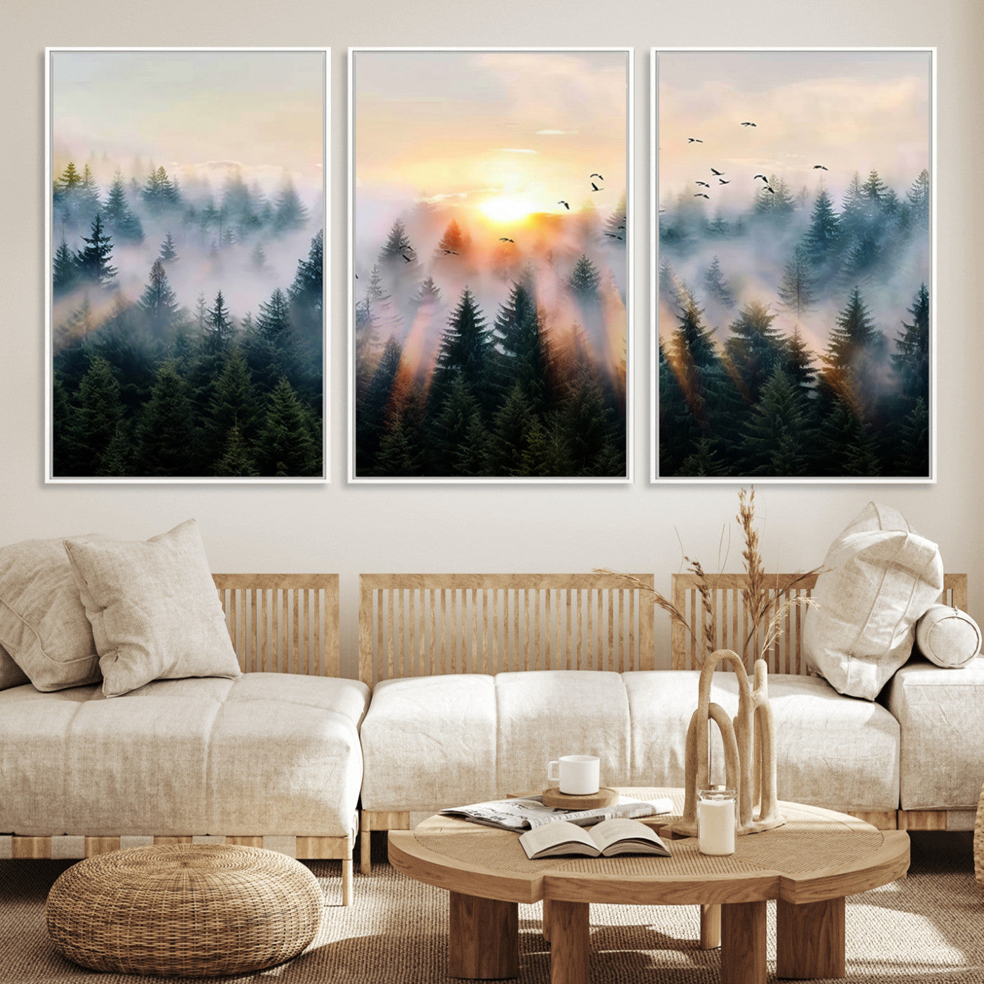 56391411-MGV-FC-60X30-3P_White-Misty Forest Wall Art Canvas Print, Framed Sunrise Pines Art Picture Print, Moody Pines Perfect Serene Woodland Decor Artwork