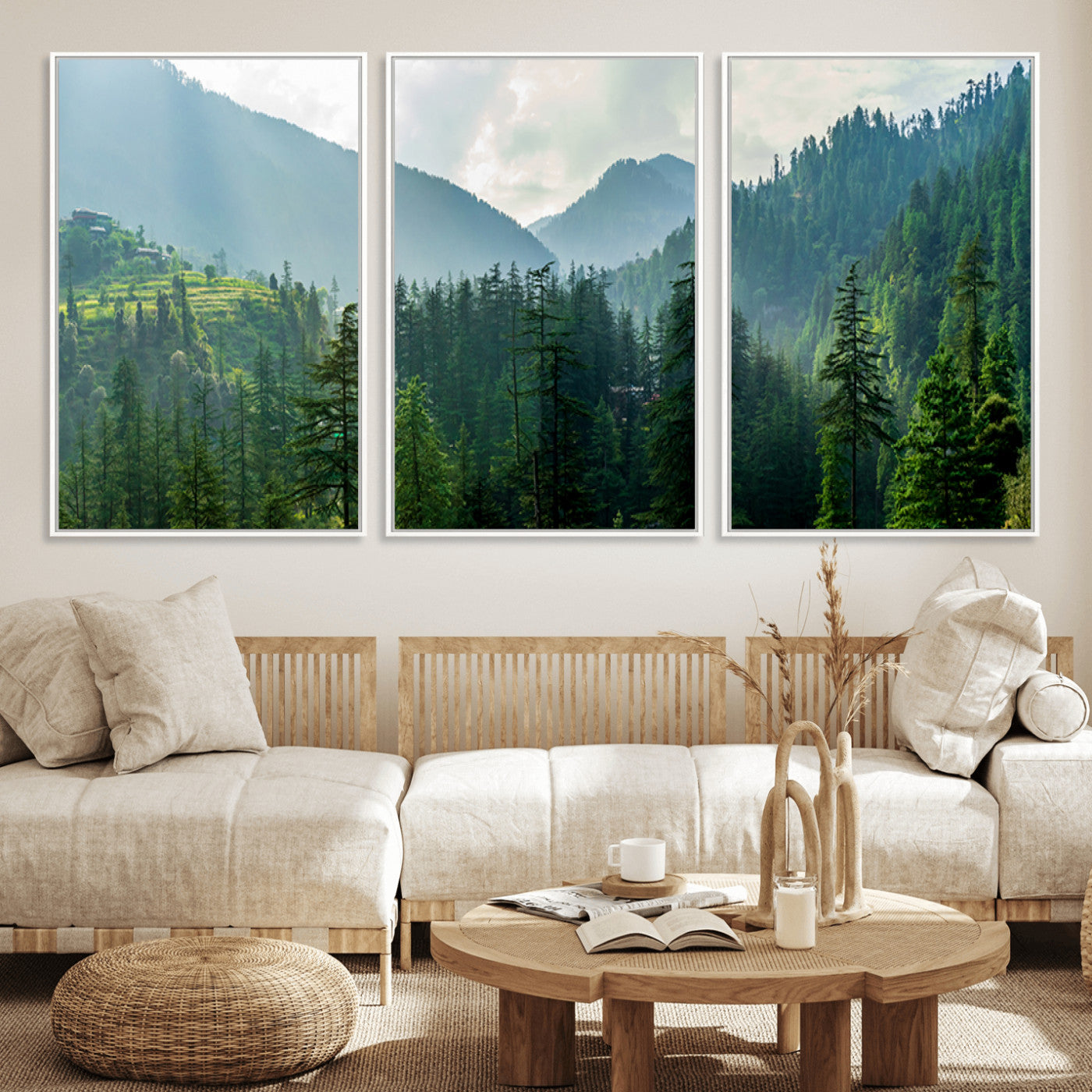 83417191-MGV-FC-60X30-3P_White-Misty Mountain Forest Wall Art – Pine Tree Landscape Canvas Print, Nature Photography Panorama, Tranquil Green Forest Décor for