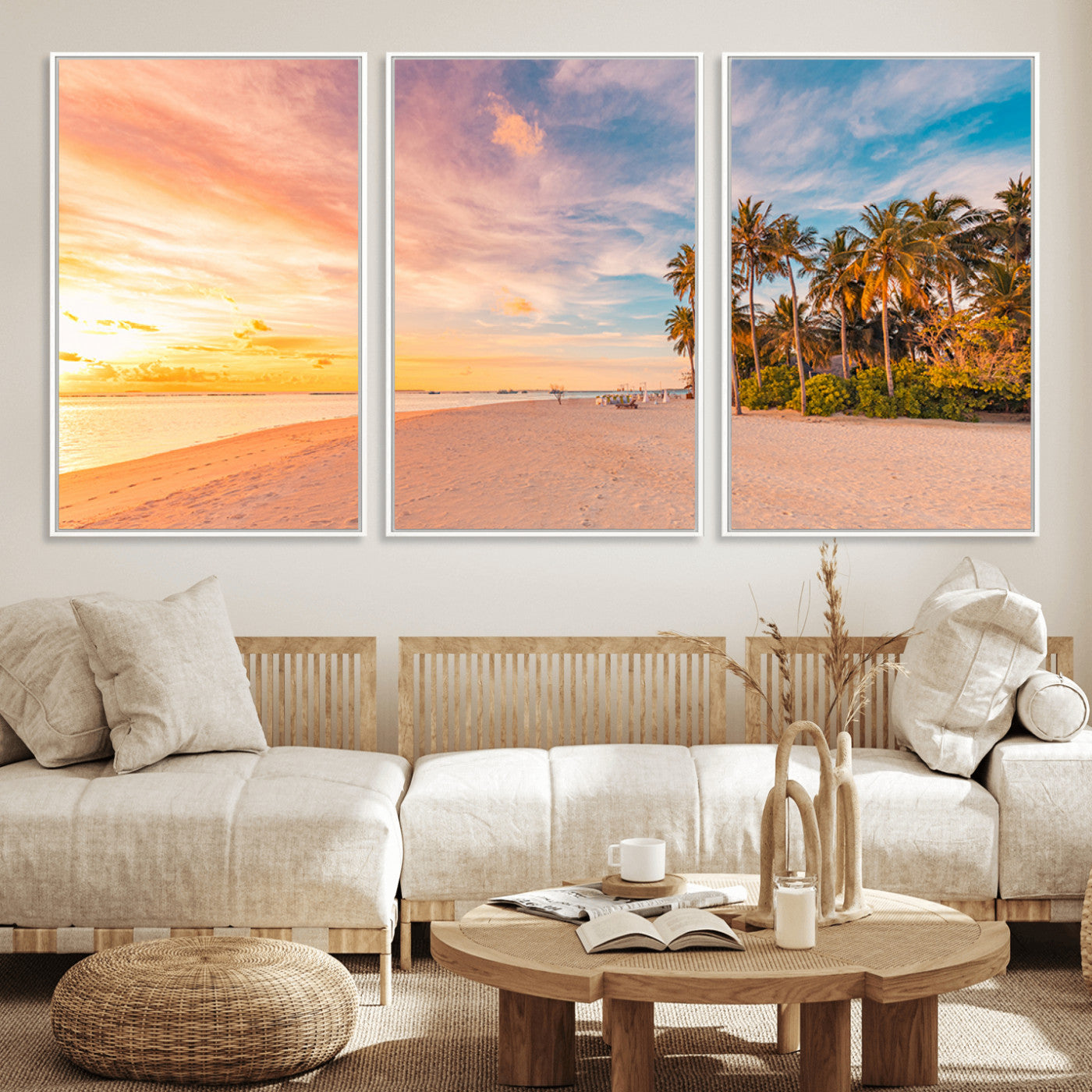 41542880-MGV-FC-60X30-3P_White-Tropical Beach Wall Art Canvas Print, Framed Palm Trees Art Picture Print, Sunset Shore Perfect Tropical Coastal Decor Artwork