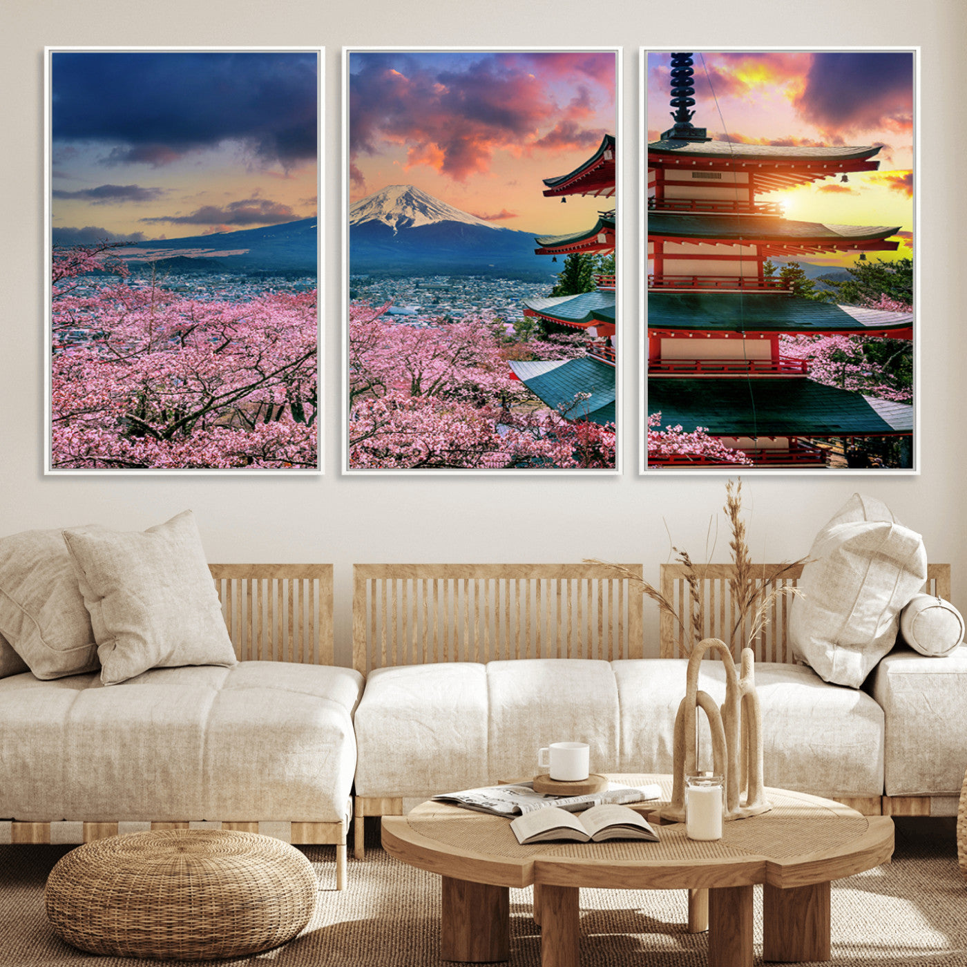 32331262-MGV-FC-60X30-3P_White-Mount Fuji Japan Wall Art – Cherry Blossom Landscape Canvas Print, Chureito Pagoda Sunset Photography, Japanese Nature Travel