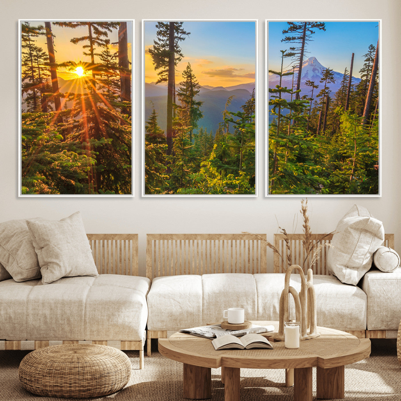 83544043-MGV-FC-60X30-3P_White-Forest Sunset Wall Art Canvas Print, Framed Sunset Trees Art Picture Print, Green Pines Perfect Rustic Nature Decor Artwork