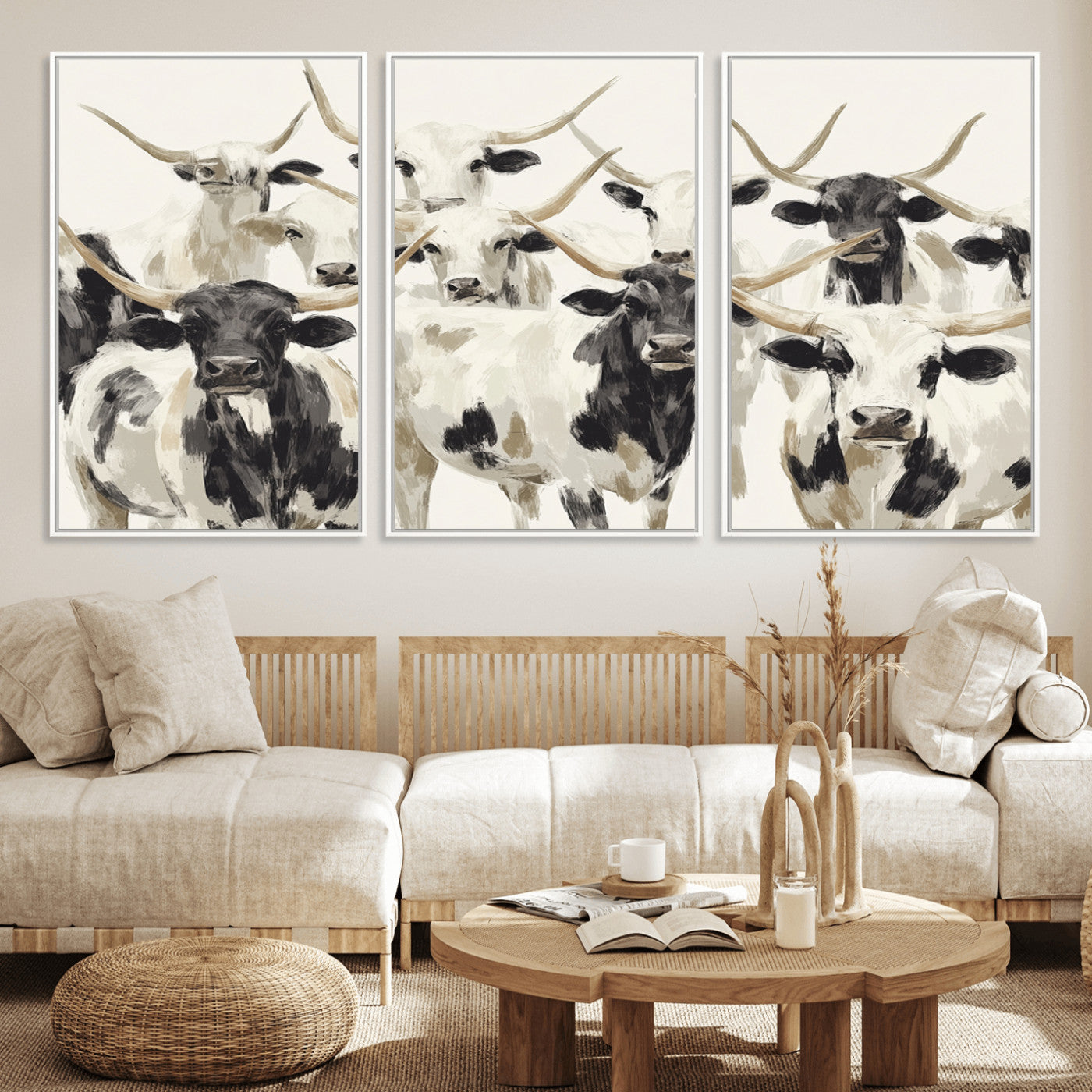 52947970-MGV-CV-36X24-Texas Longhorn Wall Art Canvas Print, Framed Cattle Herd Art Picture Print, Herd Portrait Perfect Modern Farmhouse Decor Artwork