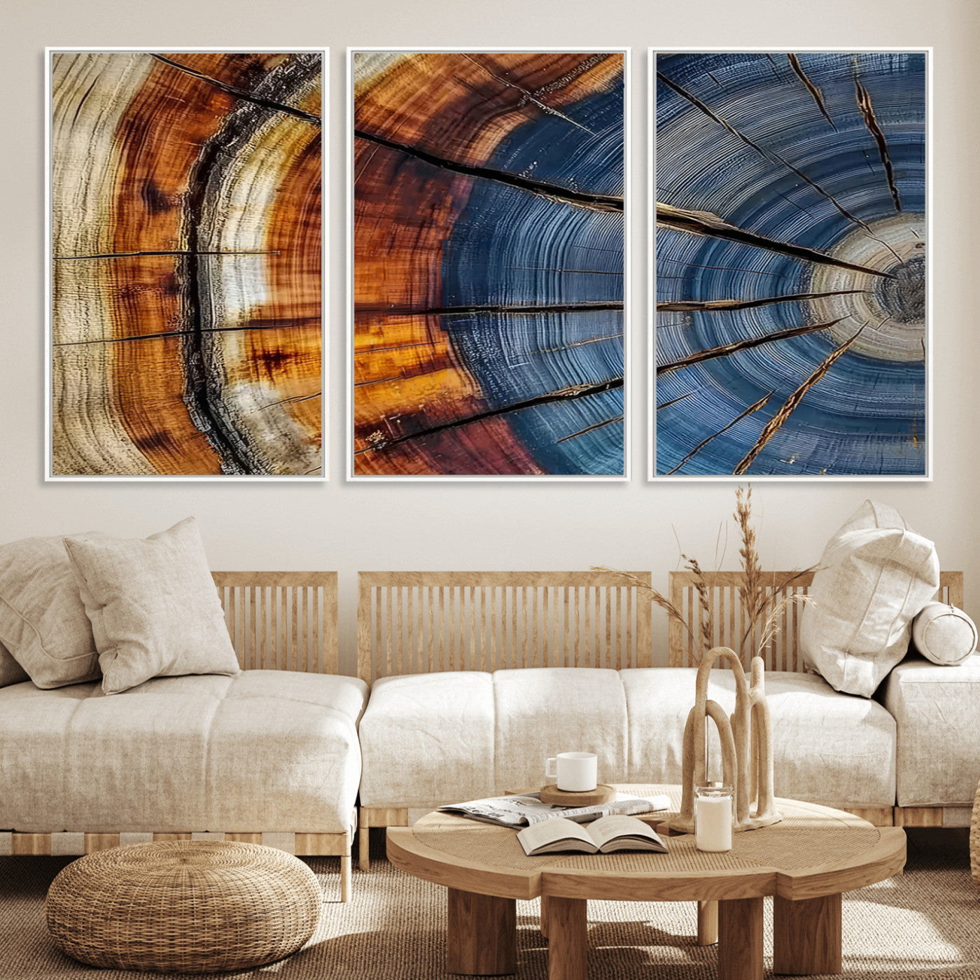 96890915-MGV-CV-36X24-Abstract Tree Ring Wall Art – Rustic Nature Canvas Print with Wood Grain Texture, Modern Earth Tone Artwork for Office, Living