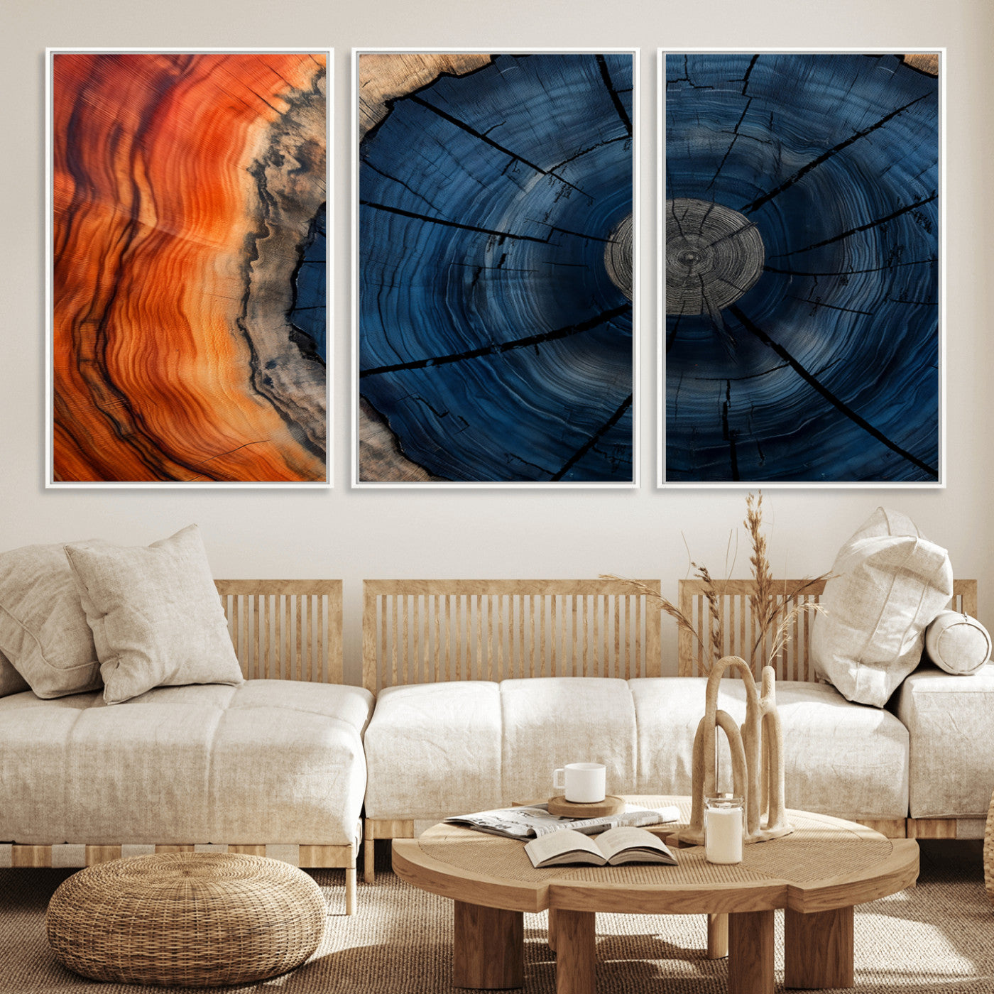 26110607-MGV-FC-60X30-3P_White-Blue and Orange Tree Ring Wall Art – Abstract Wood Cross Section Canvas Print, Modern Rustic Nature Decor for Living Room, Office,